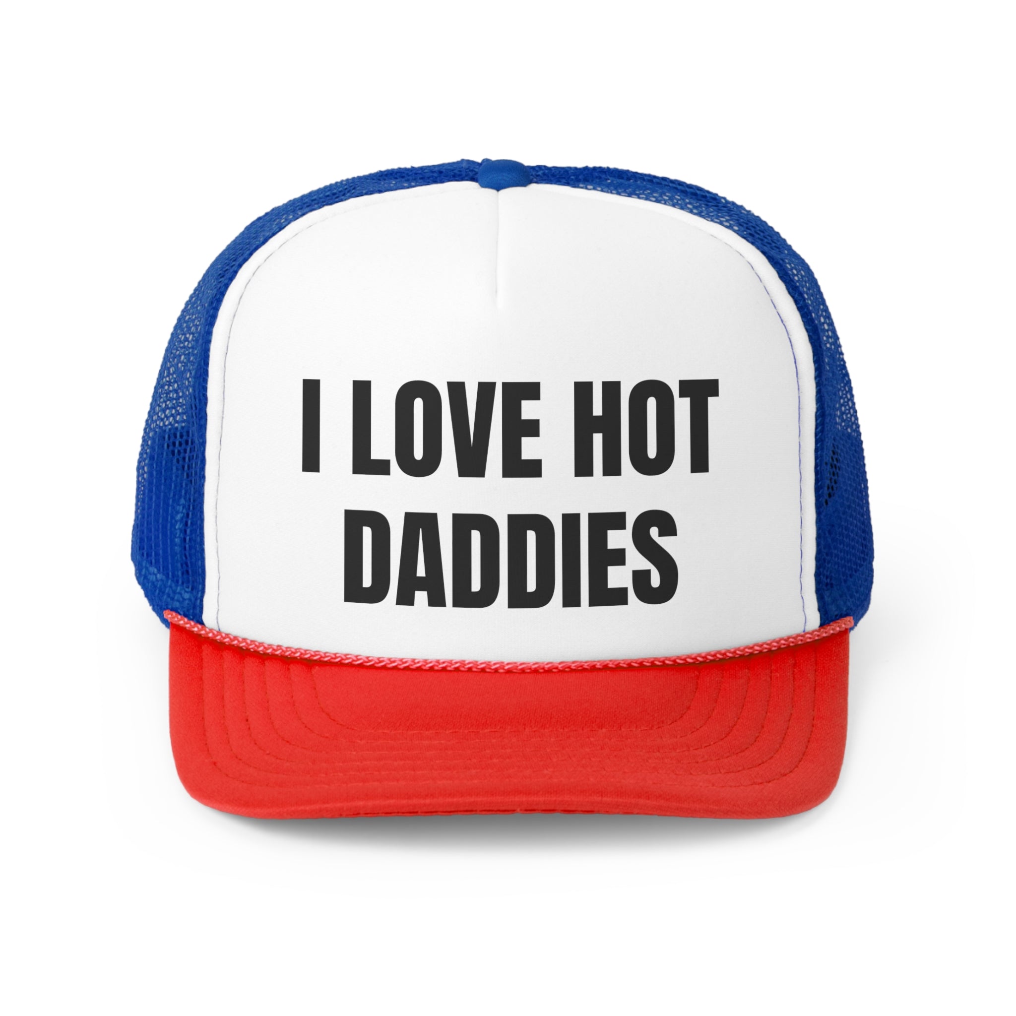 I Love Hot Daddies Funny Trucker Hat featuring a humorous design with a comfortable fit and adjustable snap closure.