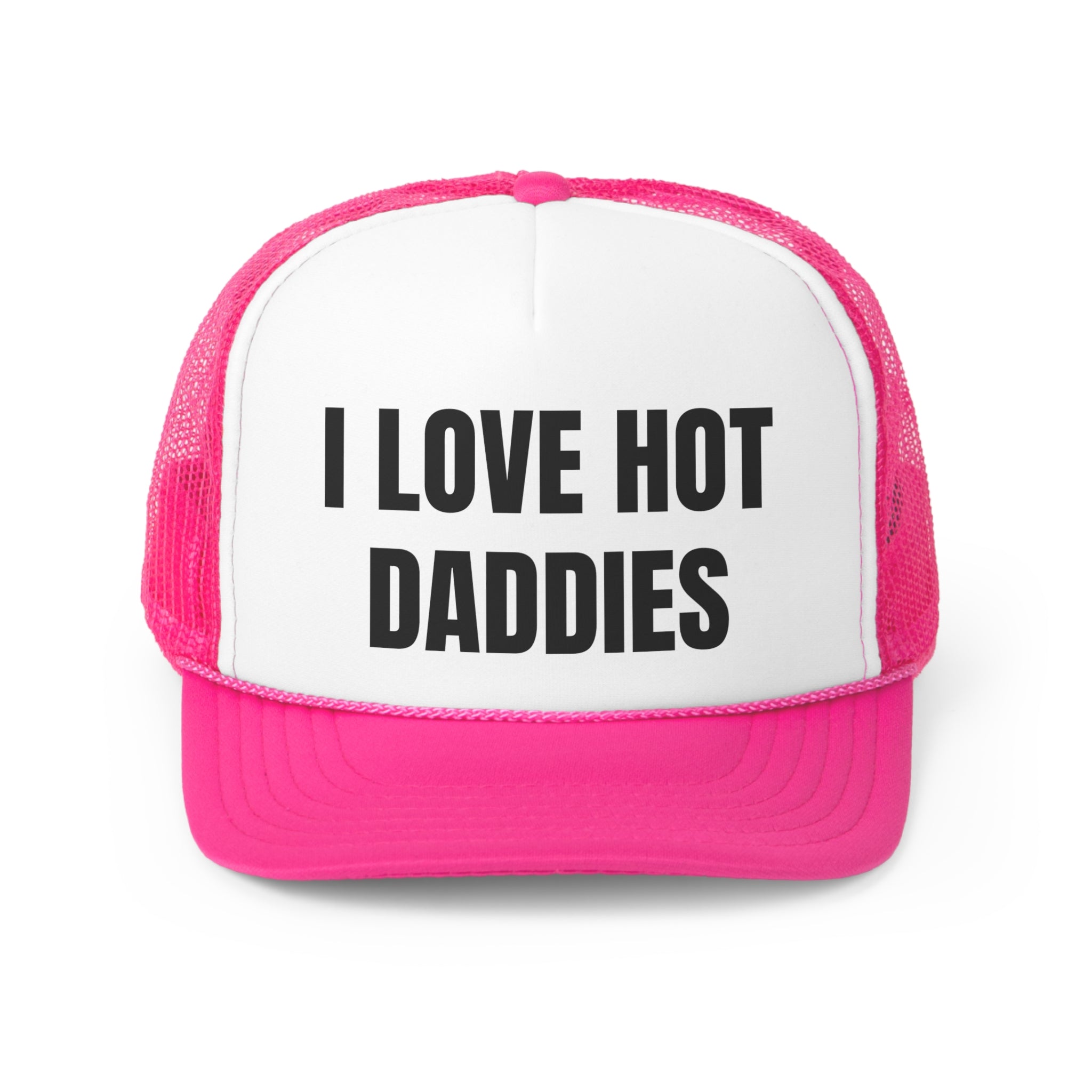 I Love Hot Daddies Funny Trucker Hat featuring a humorous design with a comfortable fit and adjustable snap closure.