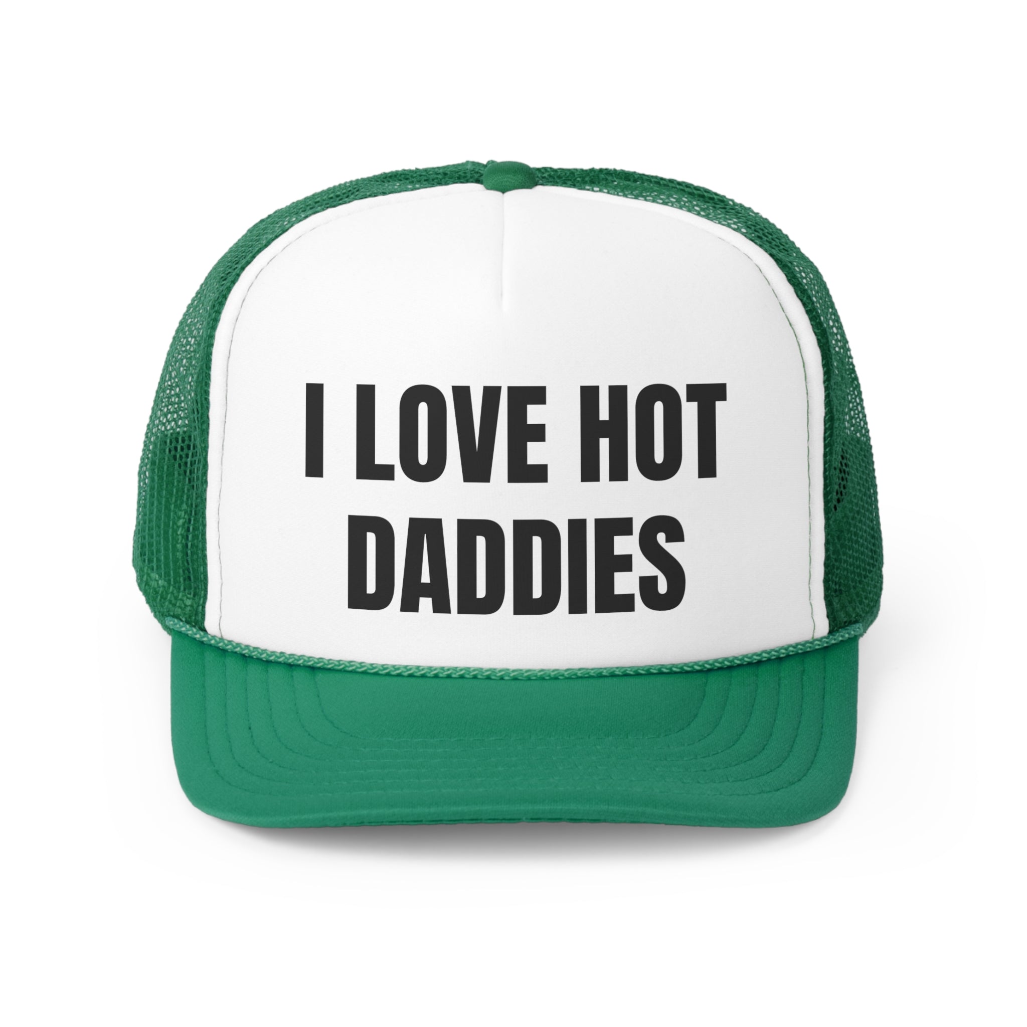 I Love Hot Daddies Funny Trucker Hat featuring a humorous design with a comfortable fit and adjustable snap closure.