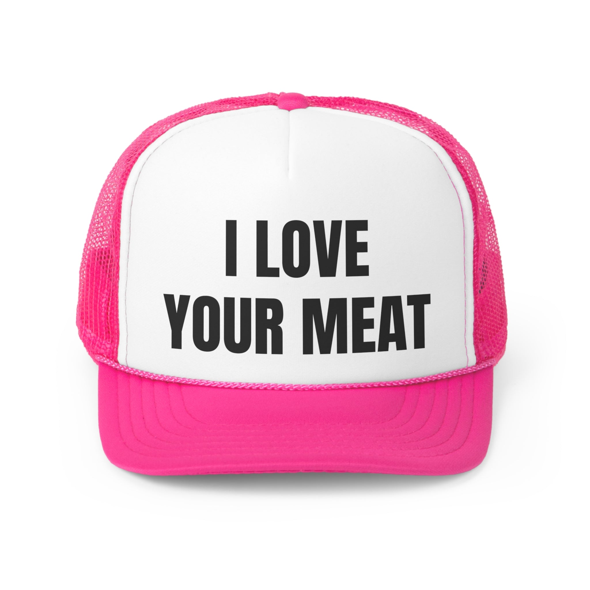 I Love Your Meat Funny Trucker Hat featuring a humorous design with a comfortable polyester front and breathable mesh back.