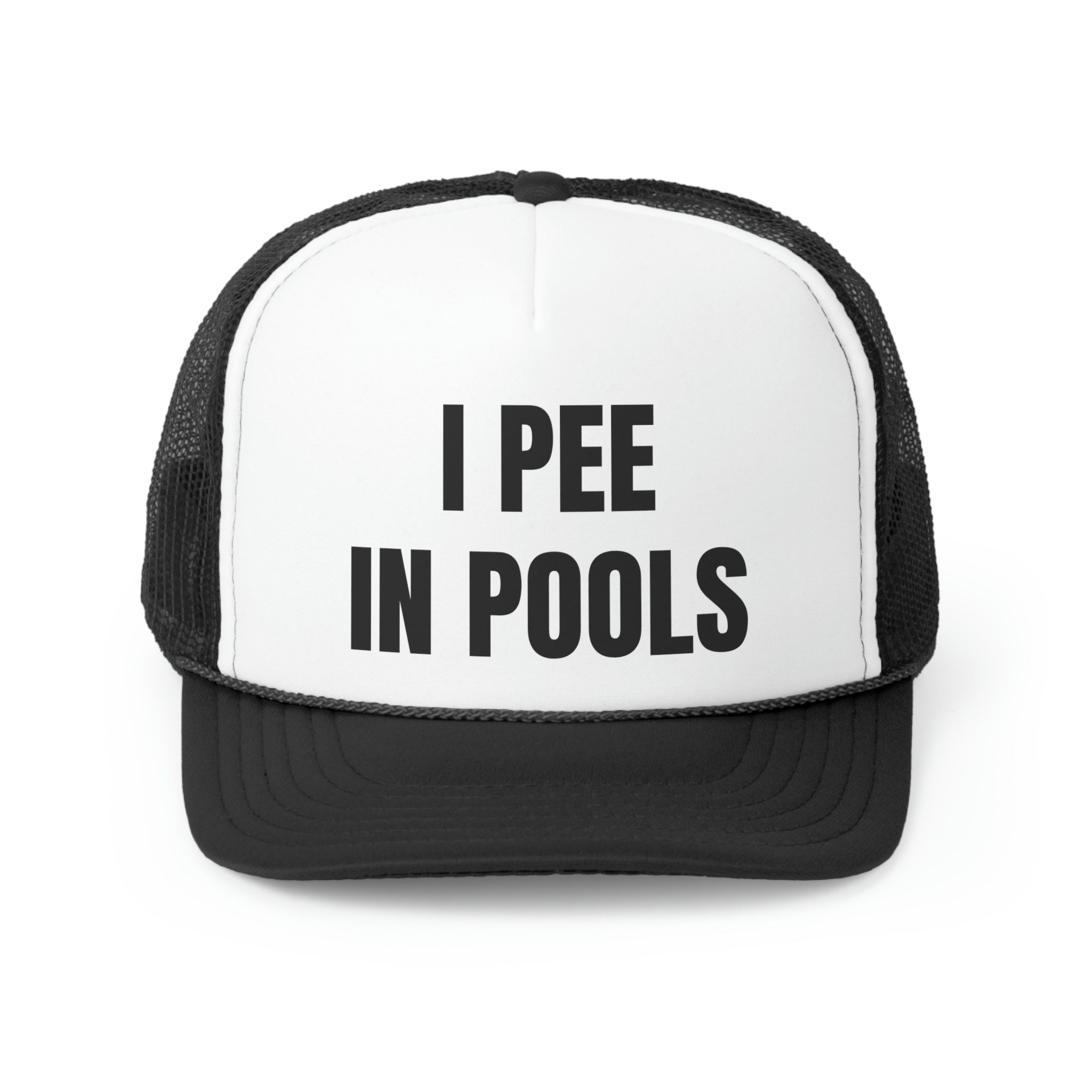 I Pee In Pools Funny Trucker Hat featuring a humorous design with a comfortable fit, perfect for casual outings.