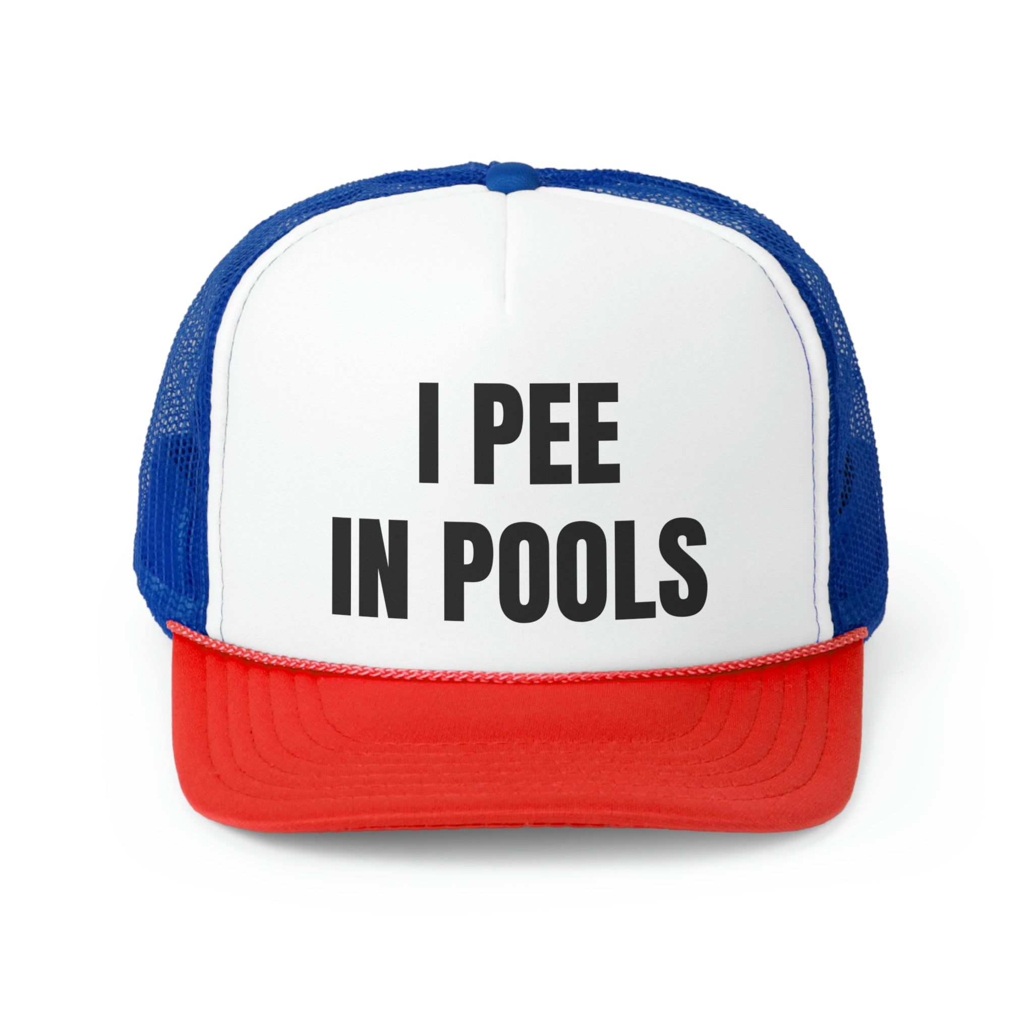 I Pee In Pools Funny Trucker Hat featuring a humorous design with a comfortable fit, perfect for casual outings.