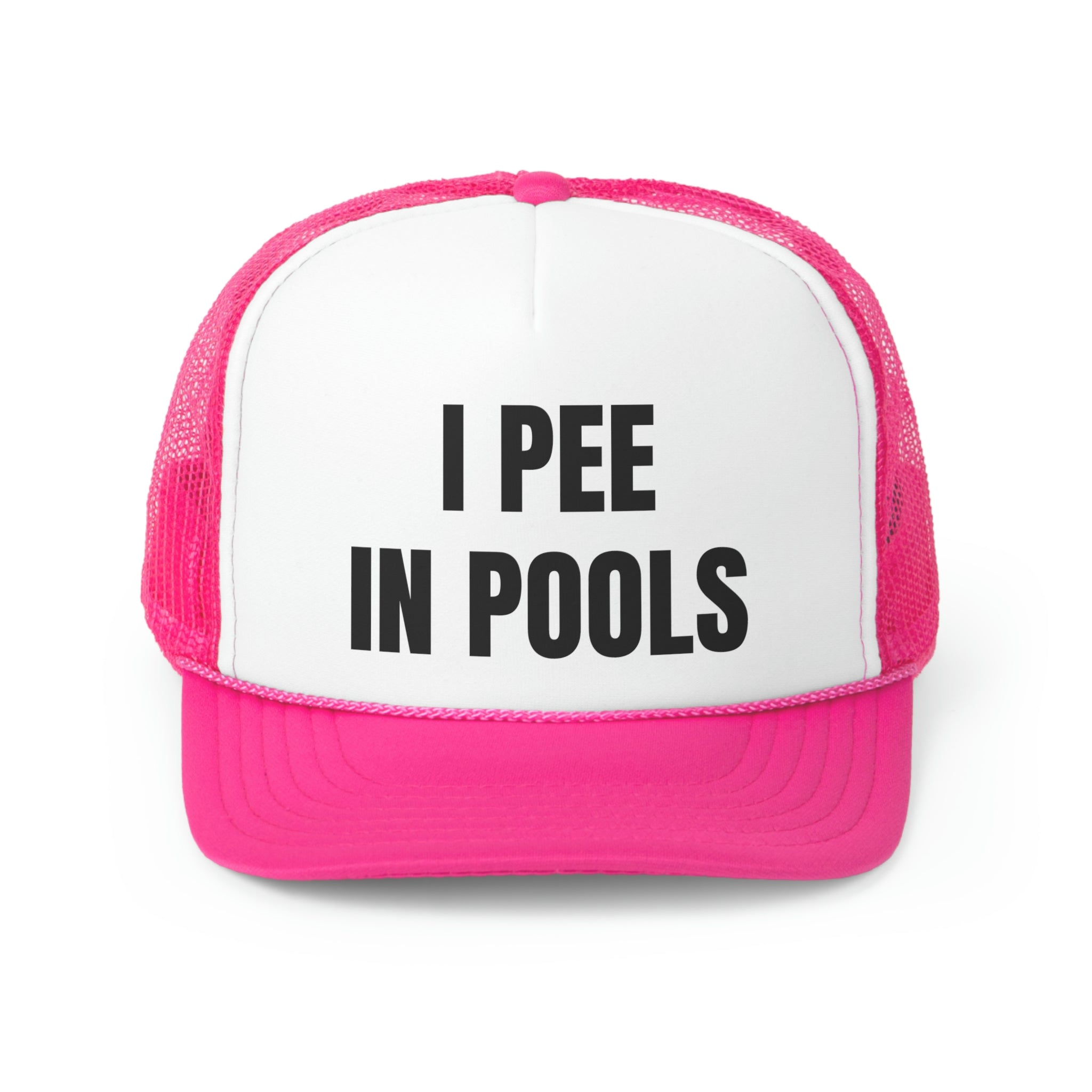 I Pee In Pools Funny Trucker Hat featuring a humorous design with a comfortable fit, perfect for casual outings.