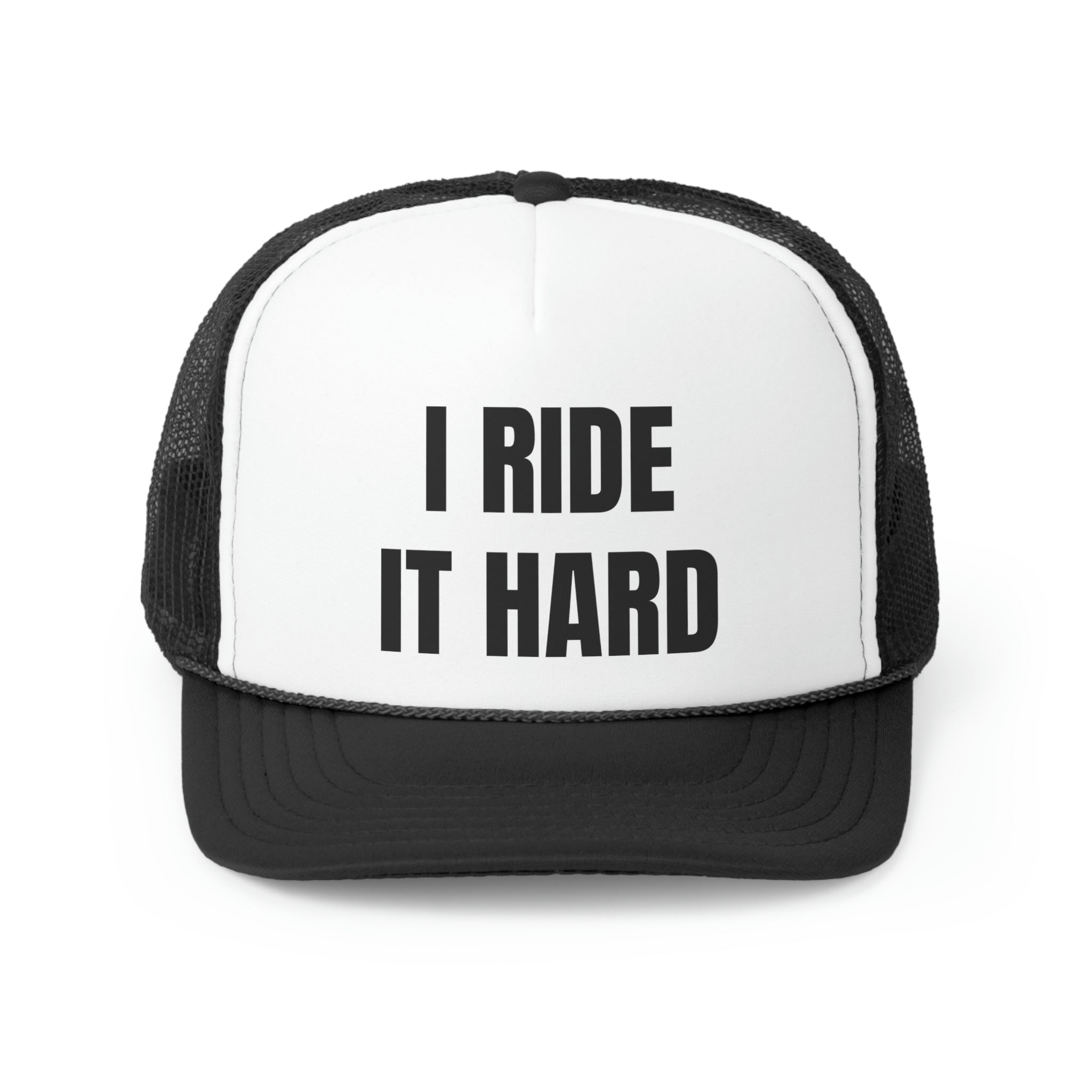 I Ride It Hard Funny Trucker Hat featuring a humorous design with a comfortable fit and durable materials.