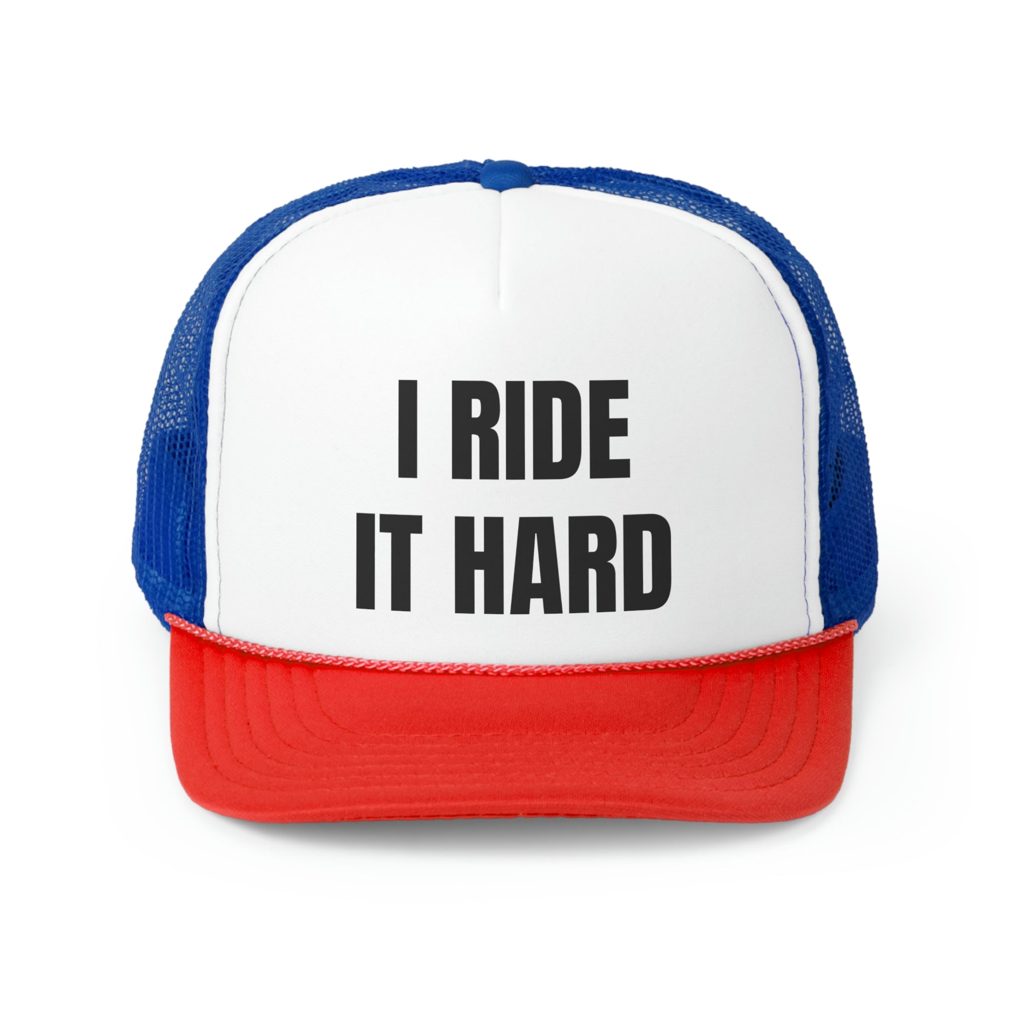 I Ride It Hard Funny Trucker Hat featuring a humorous design with a comfortable fit and durable materials.