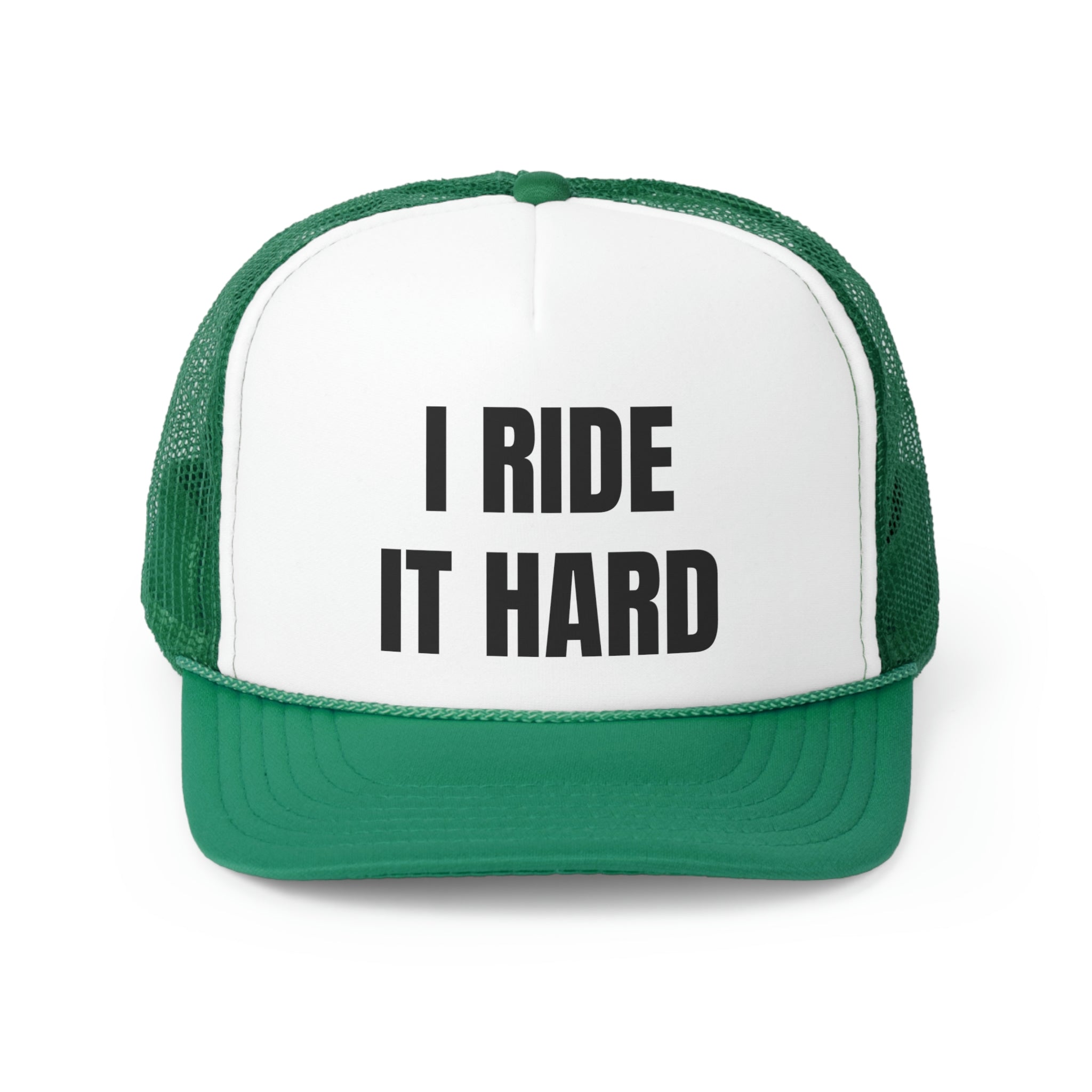 I Ride It Hard Funny Trucker Hat featuring a humorous design with a comfortable fit and durable materials.