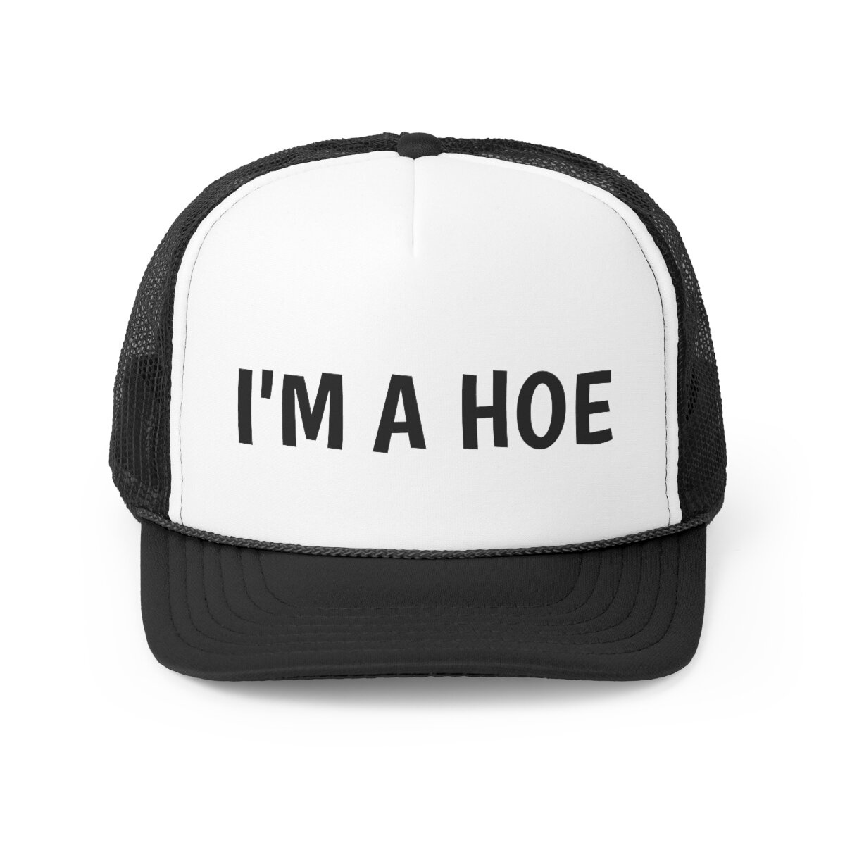 I'm A Hoe Trucker Hat featuring a bold design with a polyester front and mesh back, perfect for casual wear.