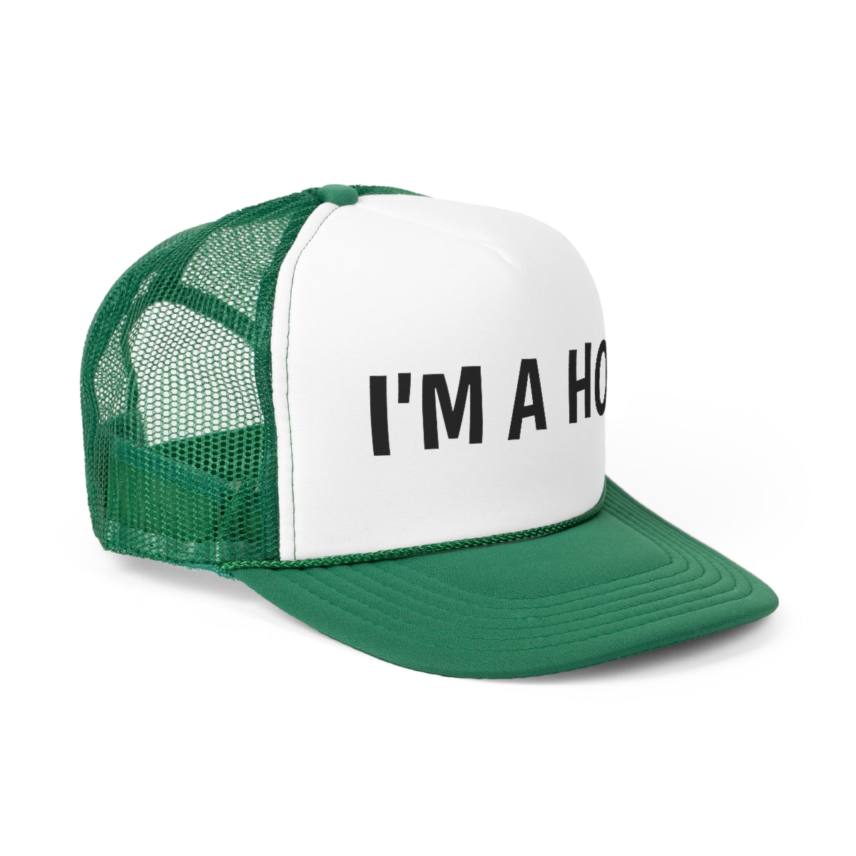 I'm A Hoe Trucker Hat featuring a bold design with a polyester front and mesh back, perfect for casual wear.