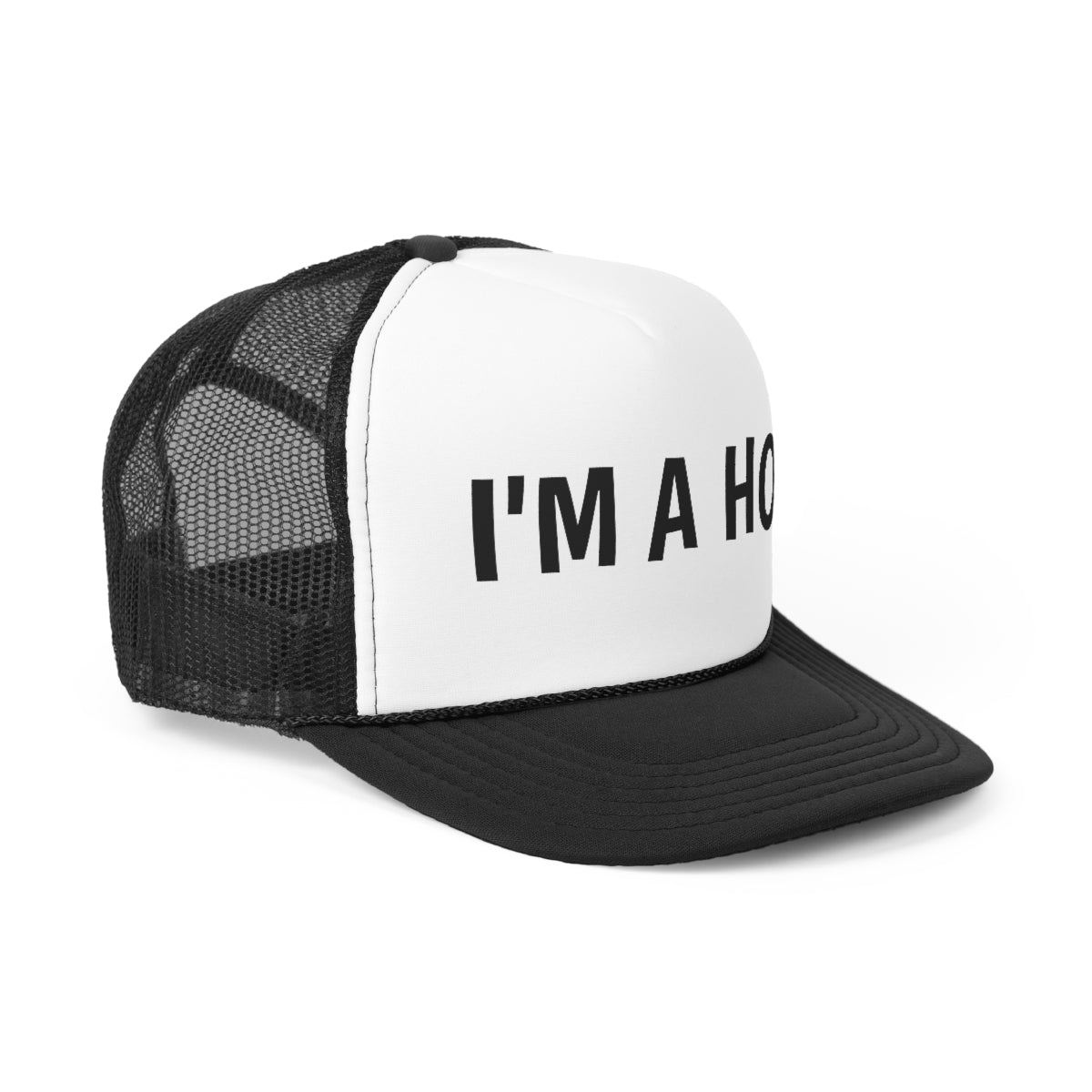 I'm A Hoe Trucker Hat featuring a bold design with a polyester front and mesh back, perfect for casual wear.