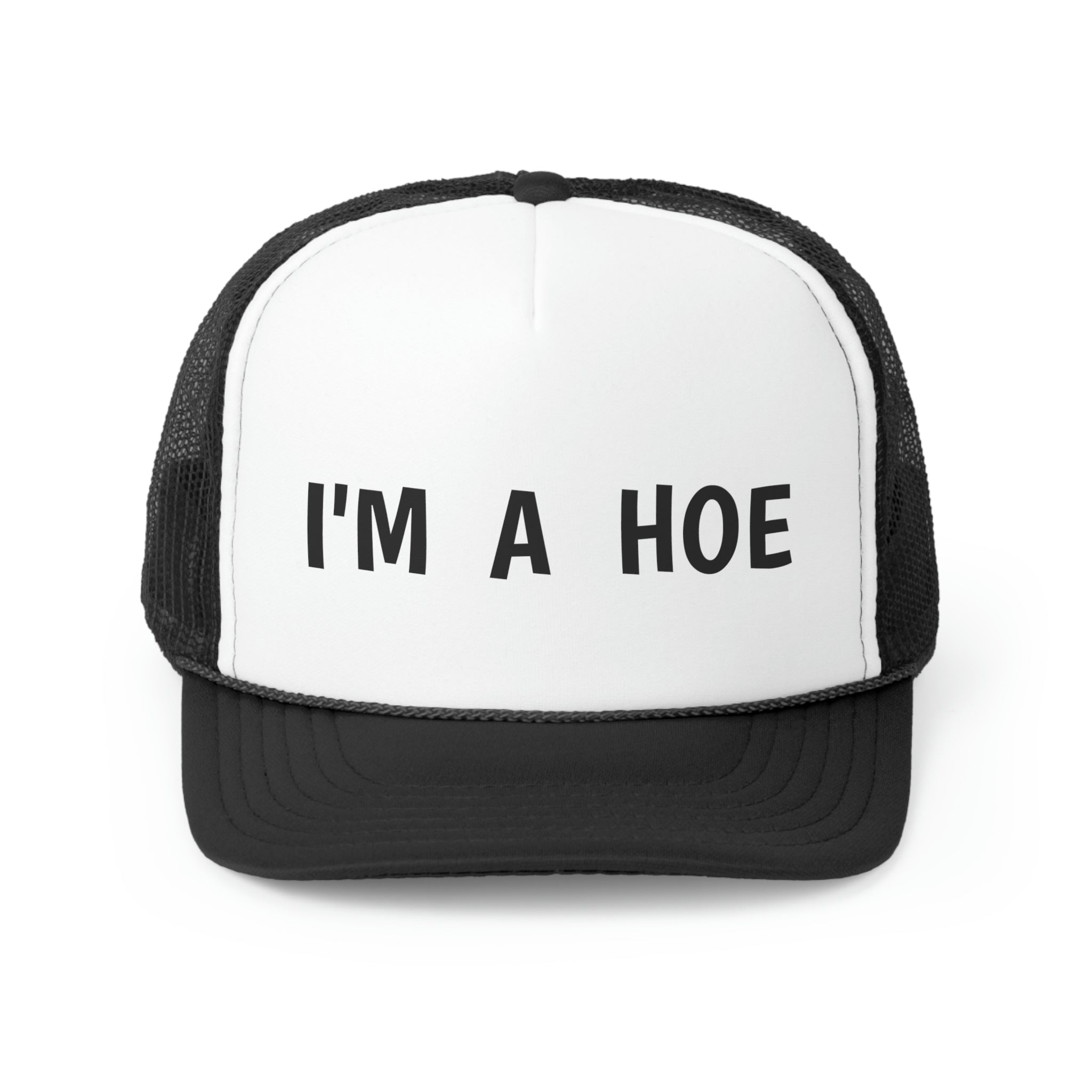 I'm A Hoe Trucker Hat featuring a bold design with a polyester front and mesh back, perfect for casual wear.