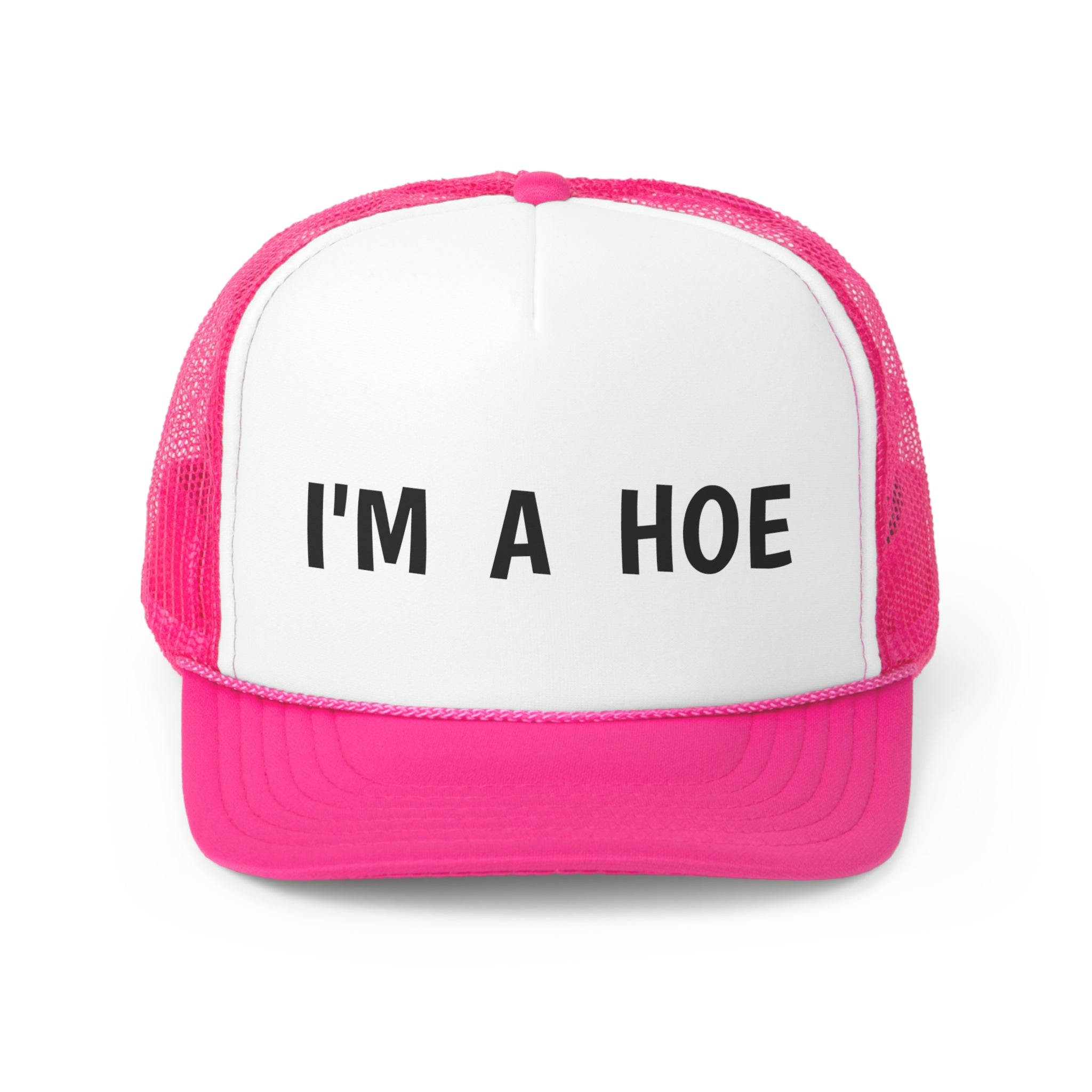 I'm A Hoe Trucker Hat featuring a bold design with a polyester front and mesh back, perfect for casual wear.