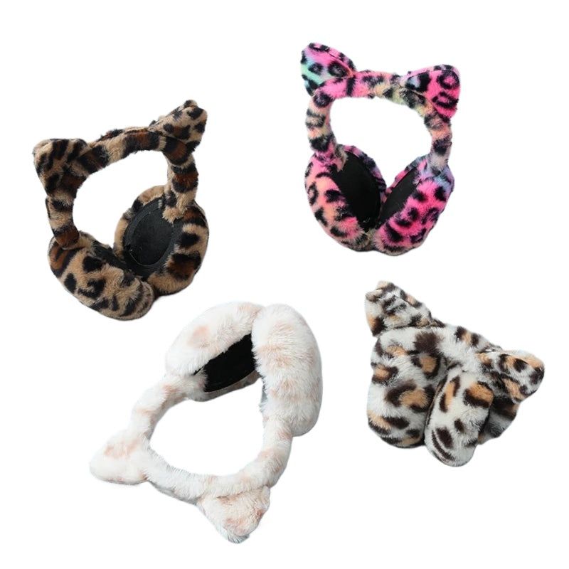 Leopard print earmuffs made of plush material, designed for autumn and winter, providing windproof protection and stylish comfort.