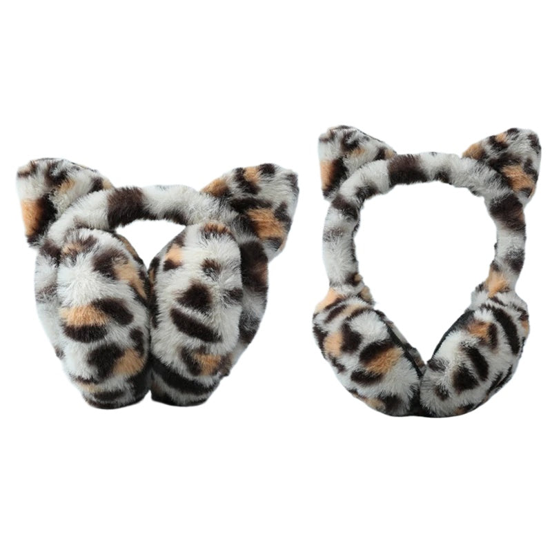 Leopard print earmuffs made of plush material, designed for autumn and winter, providing windproof protection and stylish comfort.