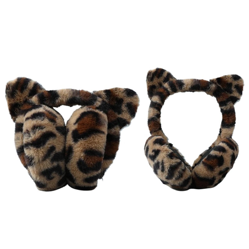 Leopard print earmuffs made of plush material, designed for autumn and winter, providing windproof protection and stylish comfort.