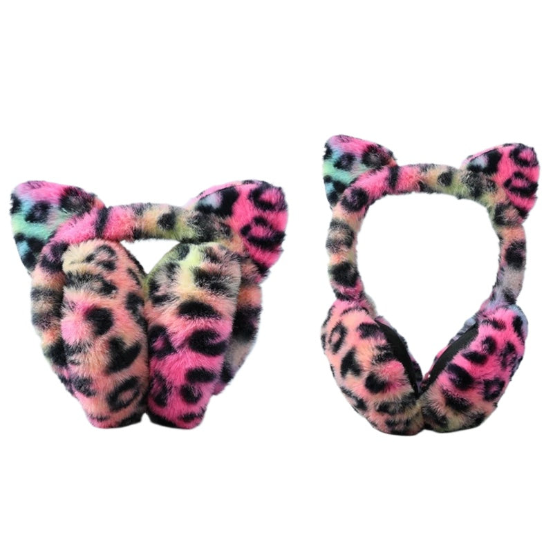 Leopard print earmuffs made of plush material, designed for autumn and winter, providing windproof protection and stylish comfort.