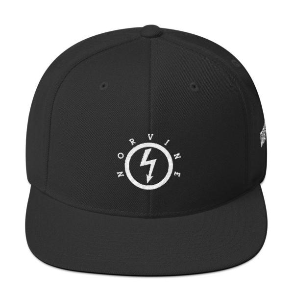 Lightning Snapback hat featuring a structured fit, flat brim, and adjustable snap closure, made from acrylic and wool blend.