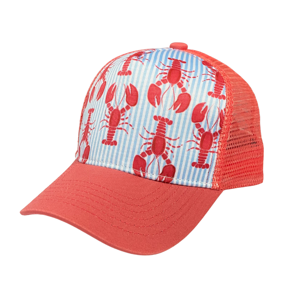 Lobster Trucker Hat featuring a hand-drawn lobster print on a light blue seersucker background with a Nantucket Red visor.