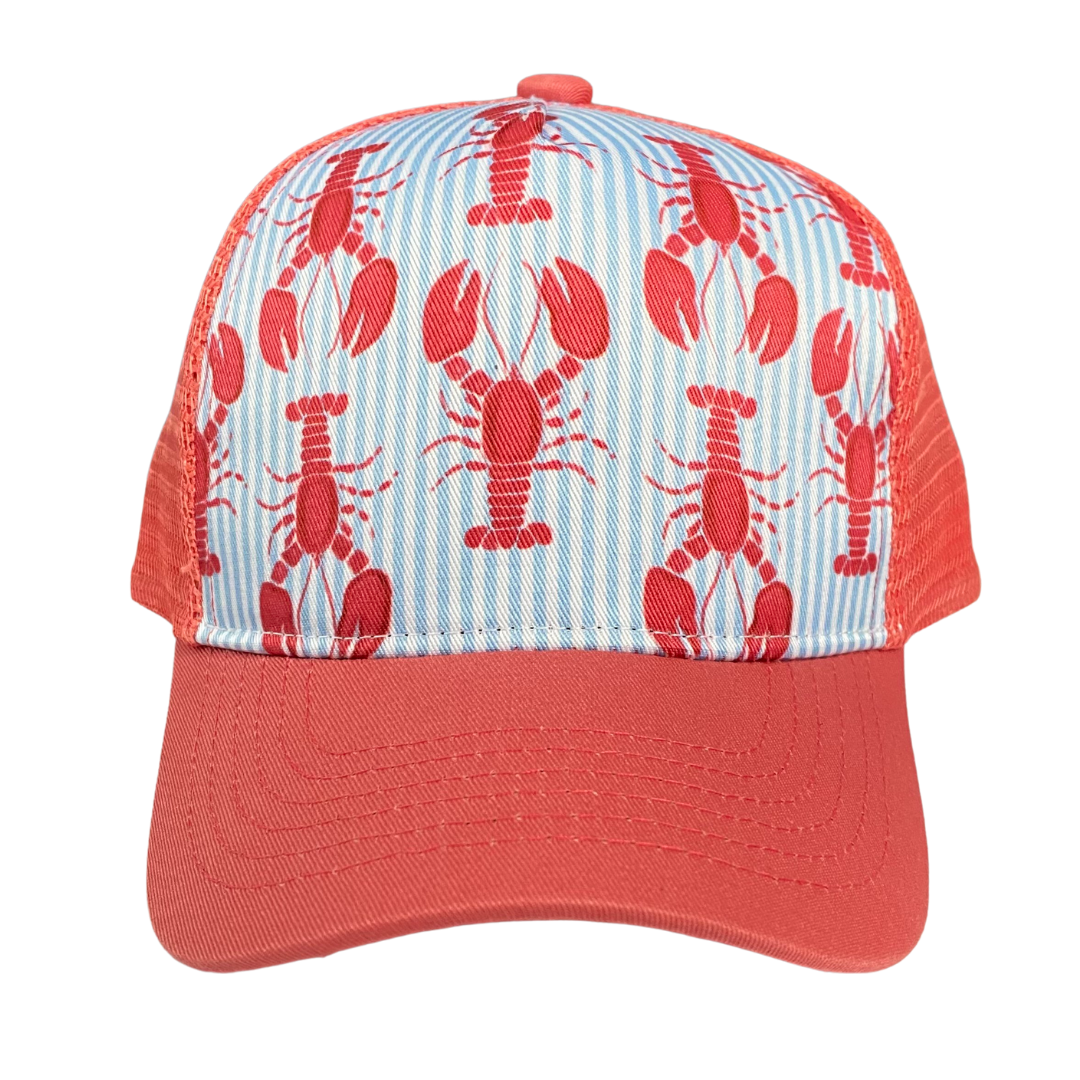 Lobster Trucker Hat featuring a hand-drawn lobster print on a light blue seersucker background with a Nantucket Red visor.