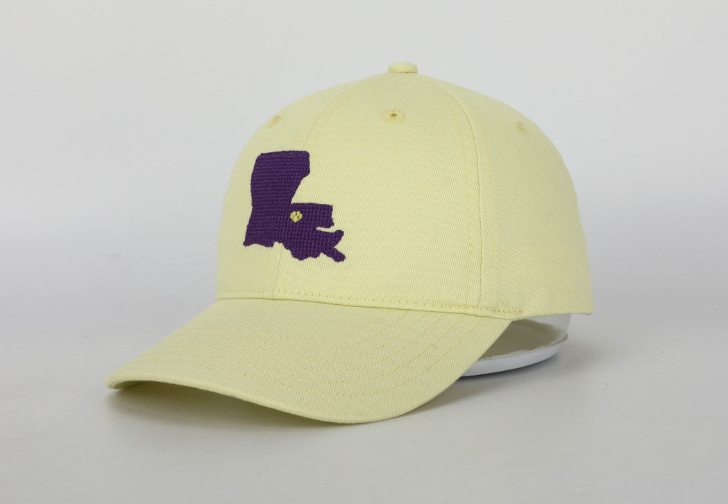 Louisiana Hat for children featuring cognac leather strap and needlepoint embroidery, suitable for ages 1-10.