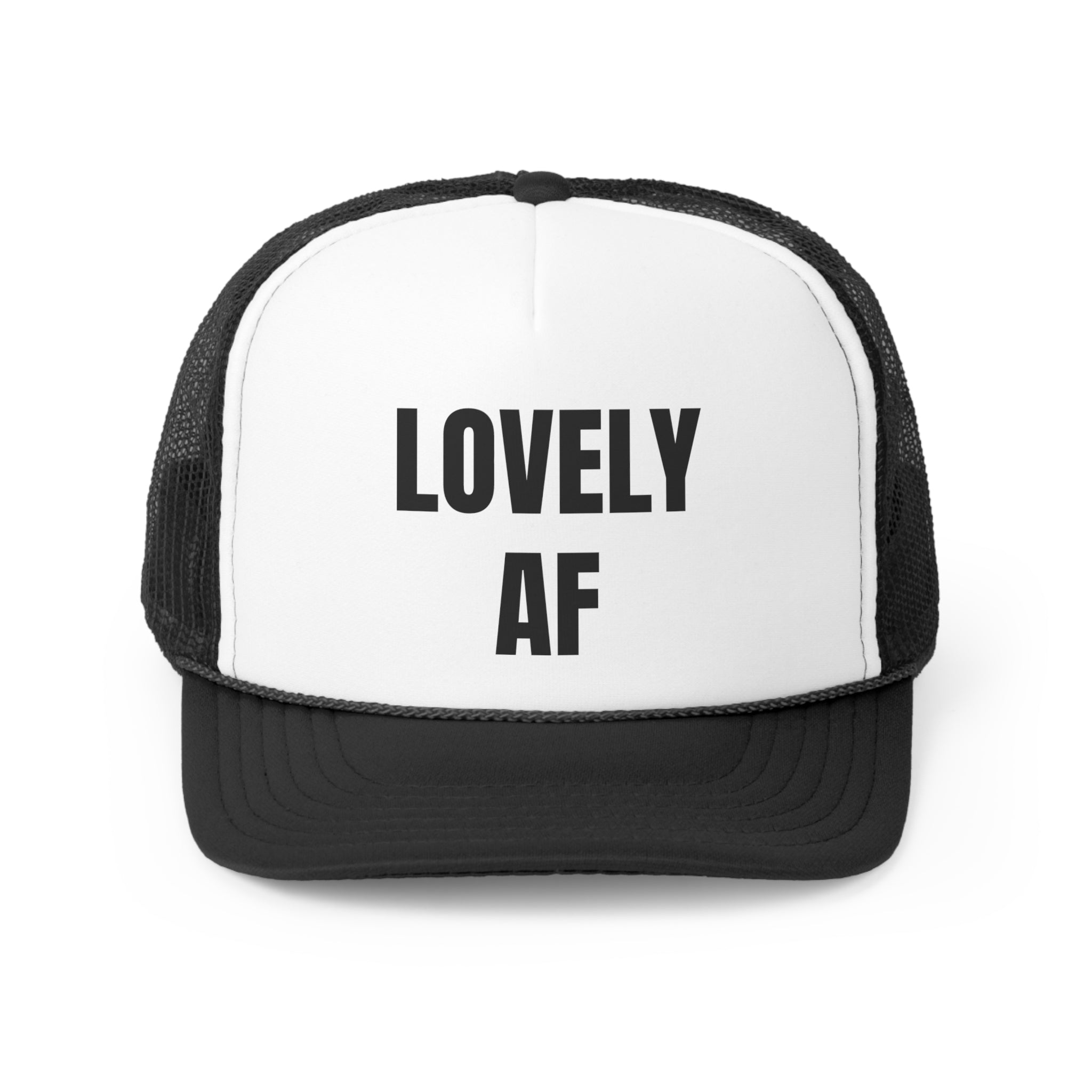 Lovely AF Funny Trucker Hat featuring a humorous design with adjustable snap closure and breathable mesh back.