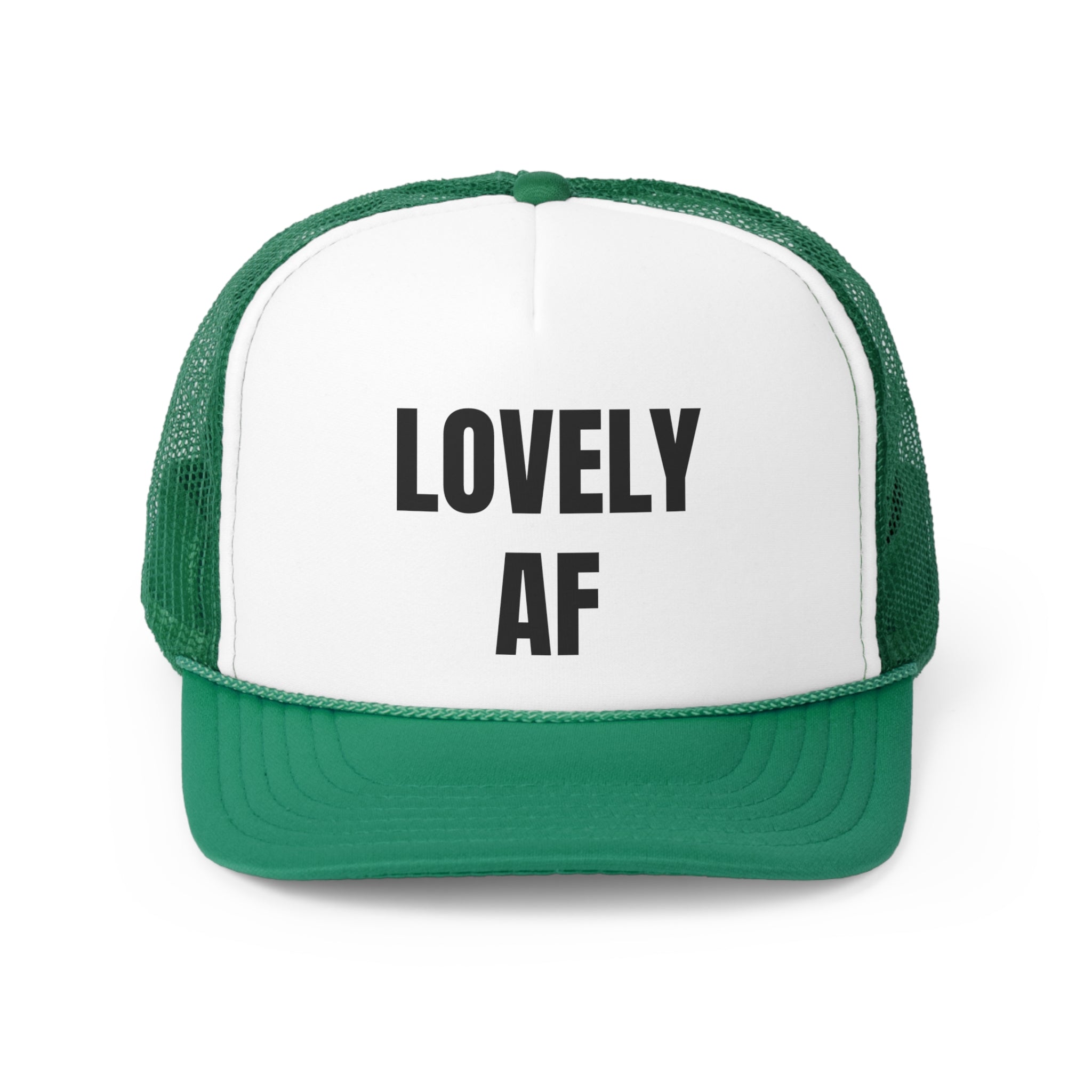 Lovely AF Funny Trucker Hat featuring a humorous design with adjustable snap closure and breathable mesh back.