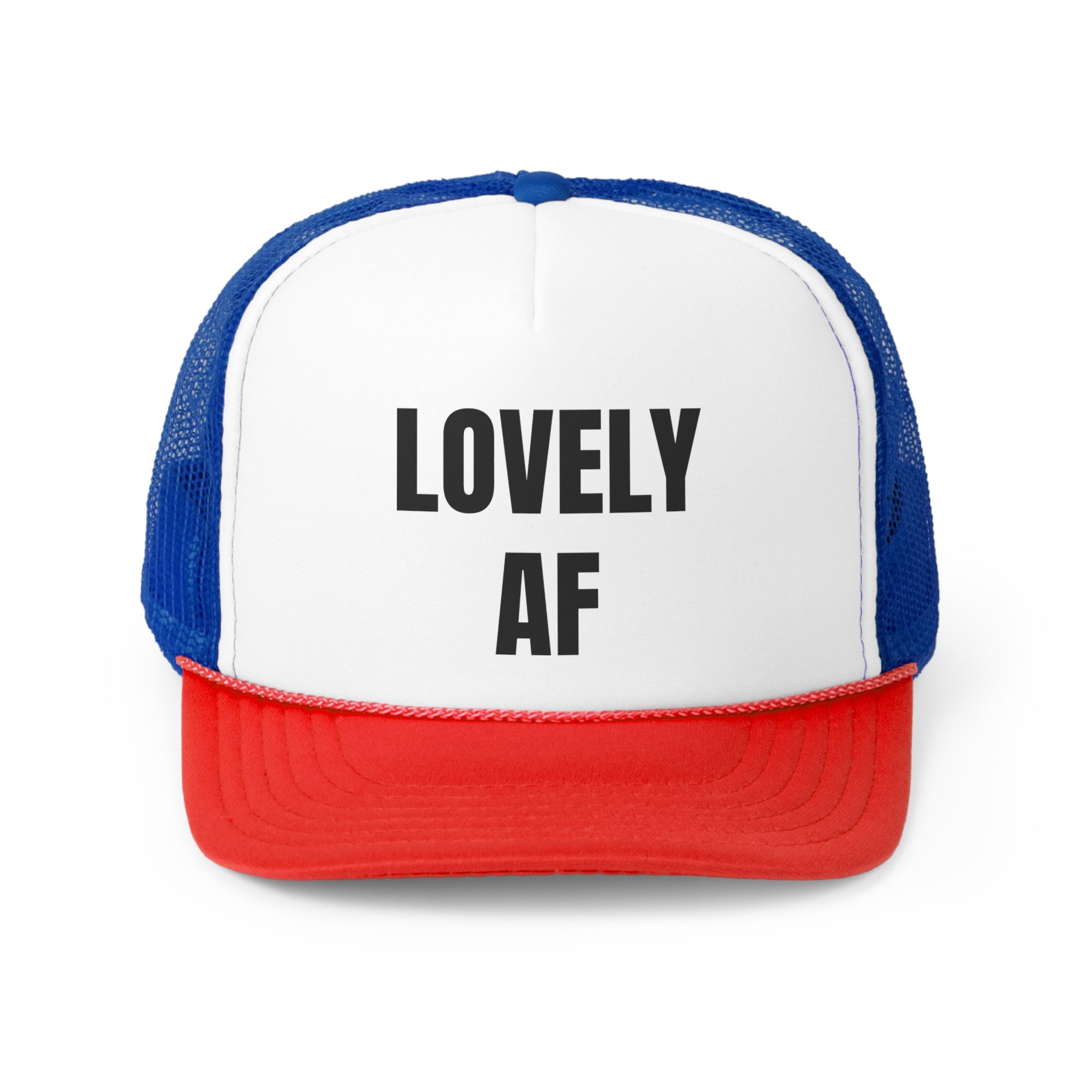 Lovely AF Funny Trucker Hat featuring a humorous design with adjustable snap closure and breathable mesh back.