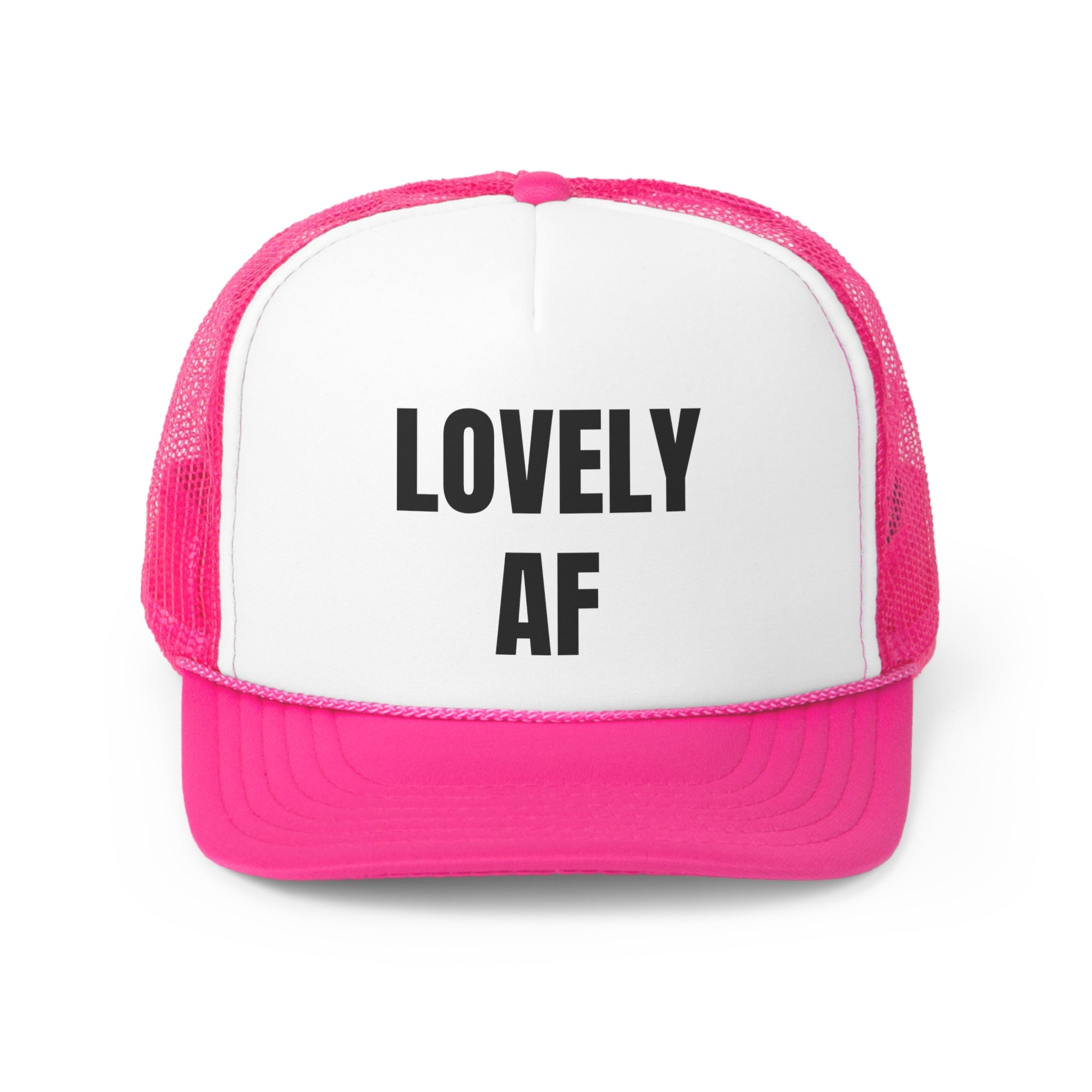 Lovely AF Funny Trucker Hat featuring a humorous design with adjustable snap closure and breathable mesh back.