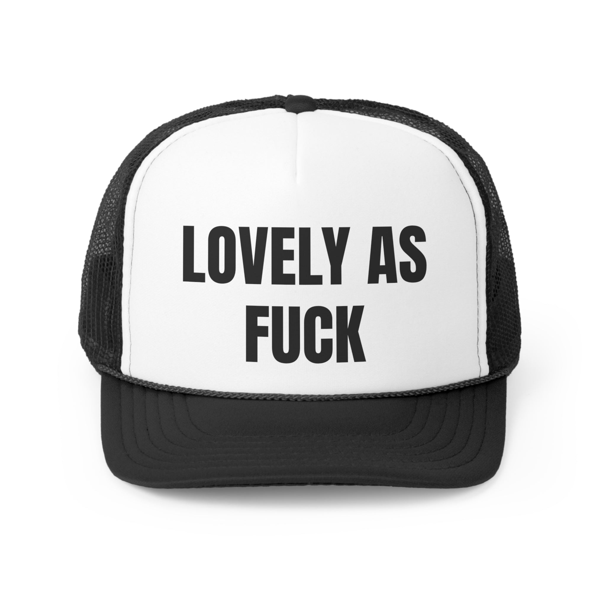 Lovely As Fuck Funny Trucker Hat featuring a bold design with a polyester front and mesh back, perfect for casual wear.