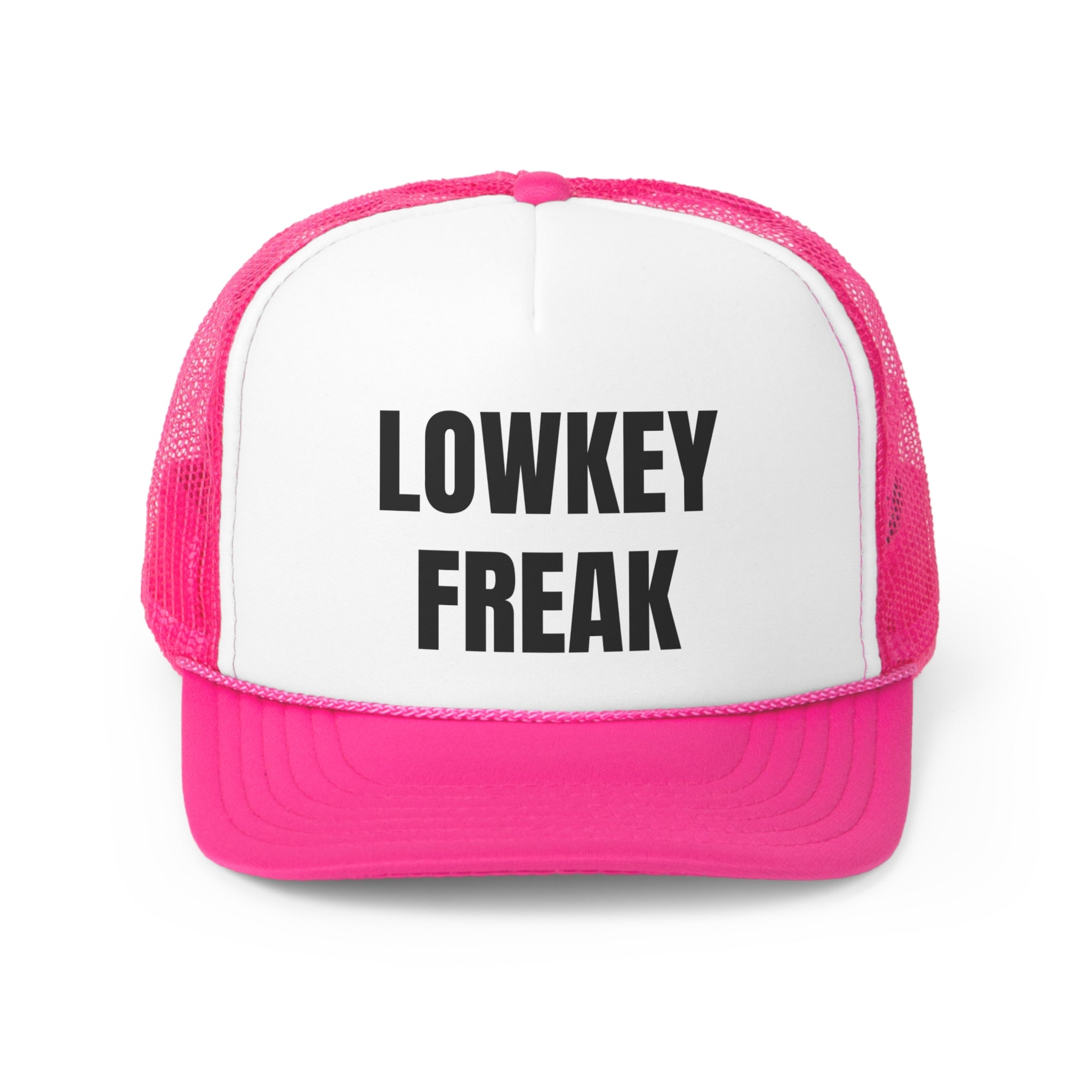 Lowkey Freak Funny Trucker Hat featuring a humorous design with a comfortable fit and adjustable snap closure.