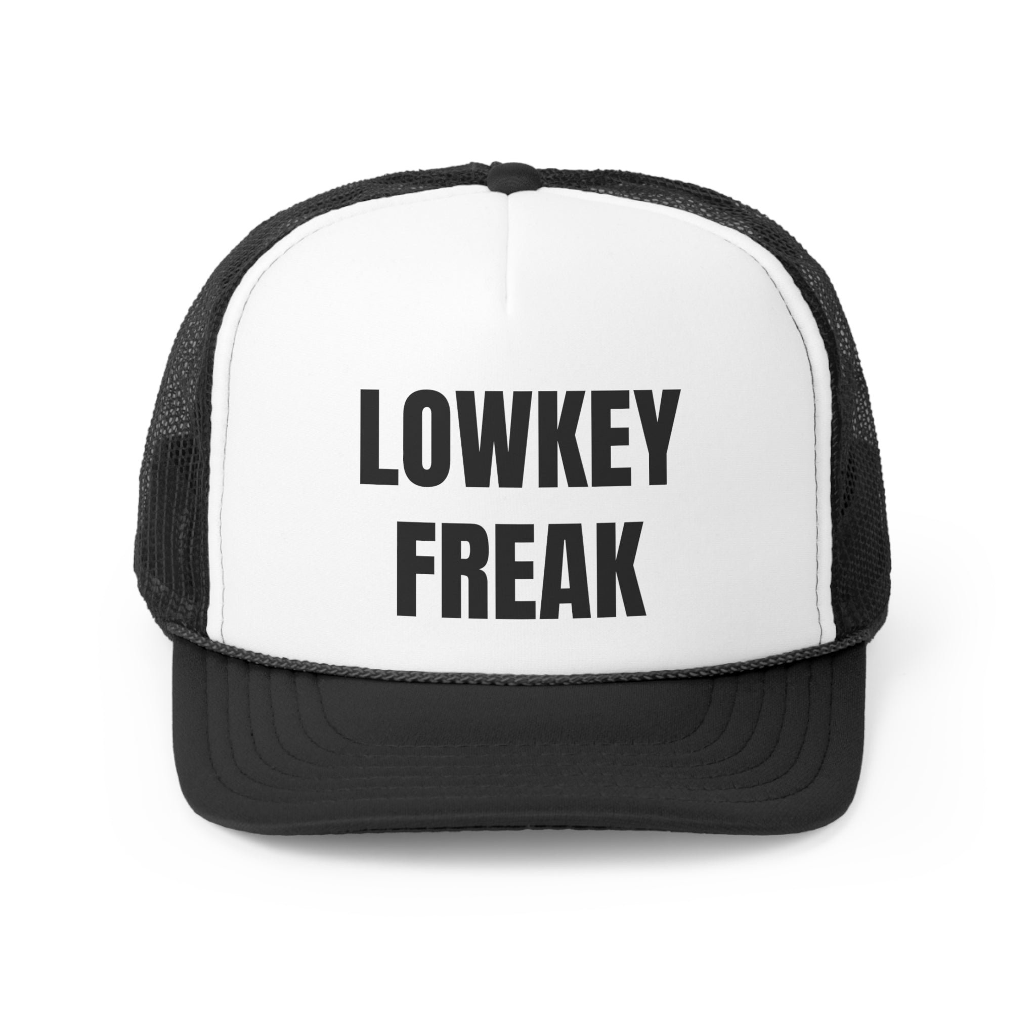 Lowkey Freak Funny Trucker Hat featuring a humorous design with a comfortable fit and adjustable snap closure.