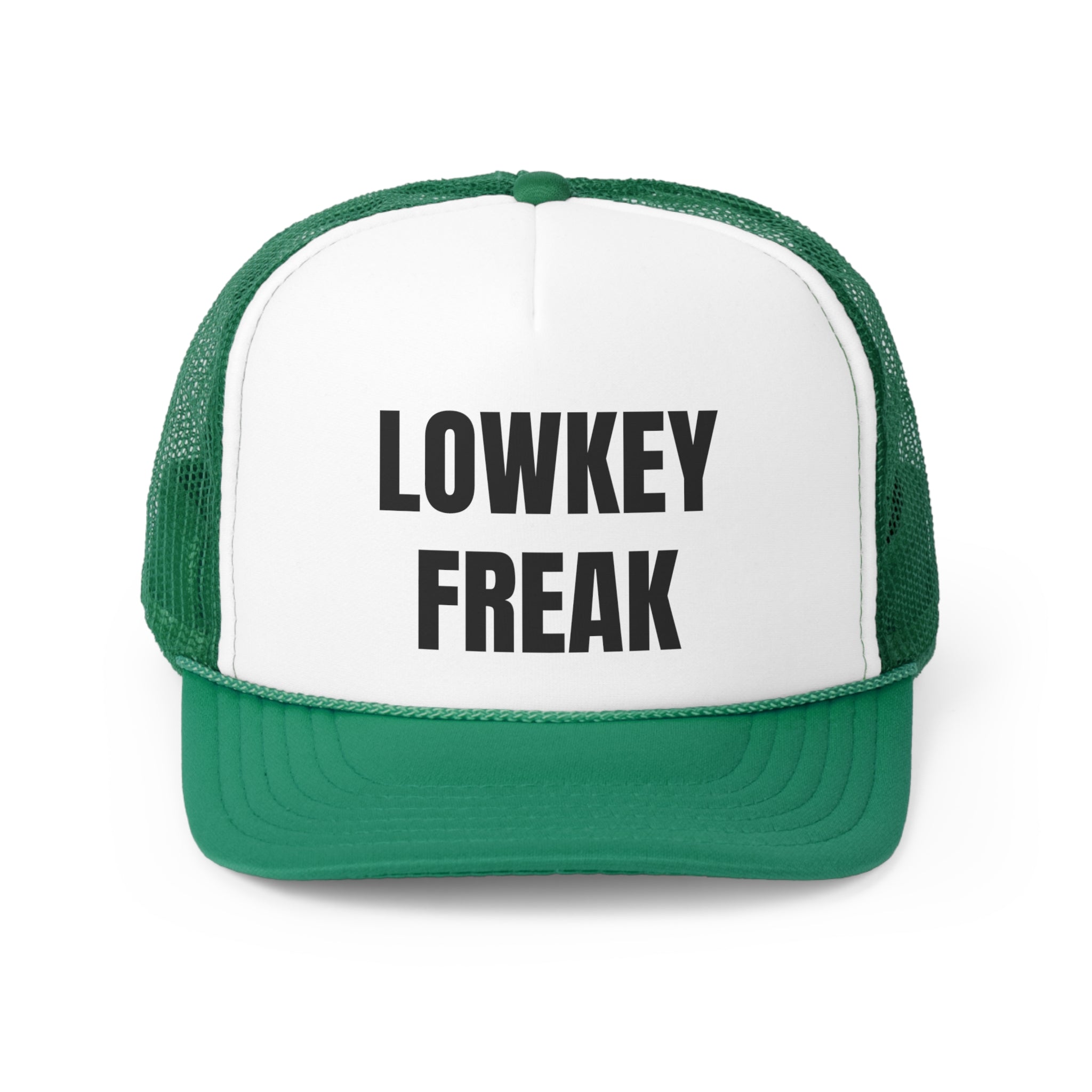 Lowkey Freak Funny Trucker Hat featuring a humorous design with a comfortable fit and adjustable snap closure.