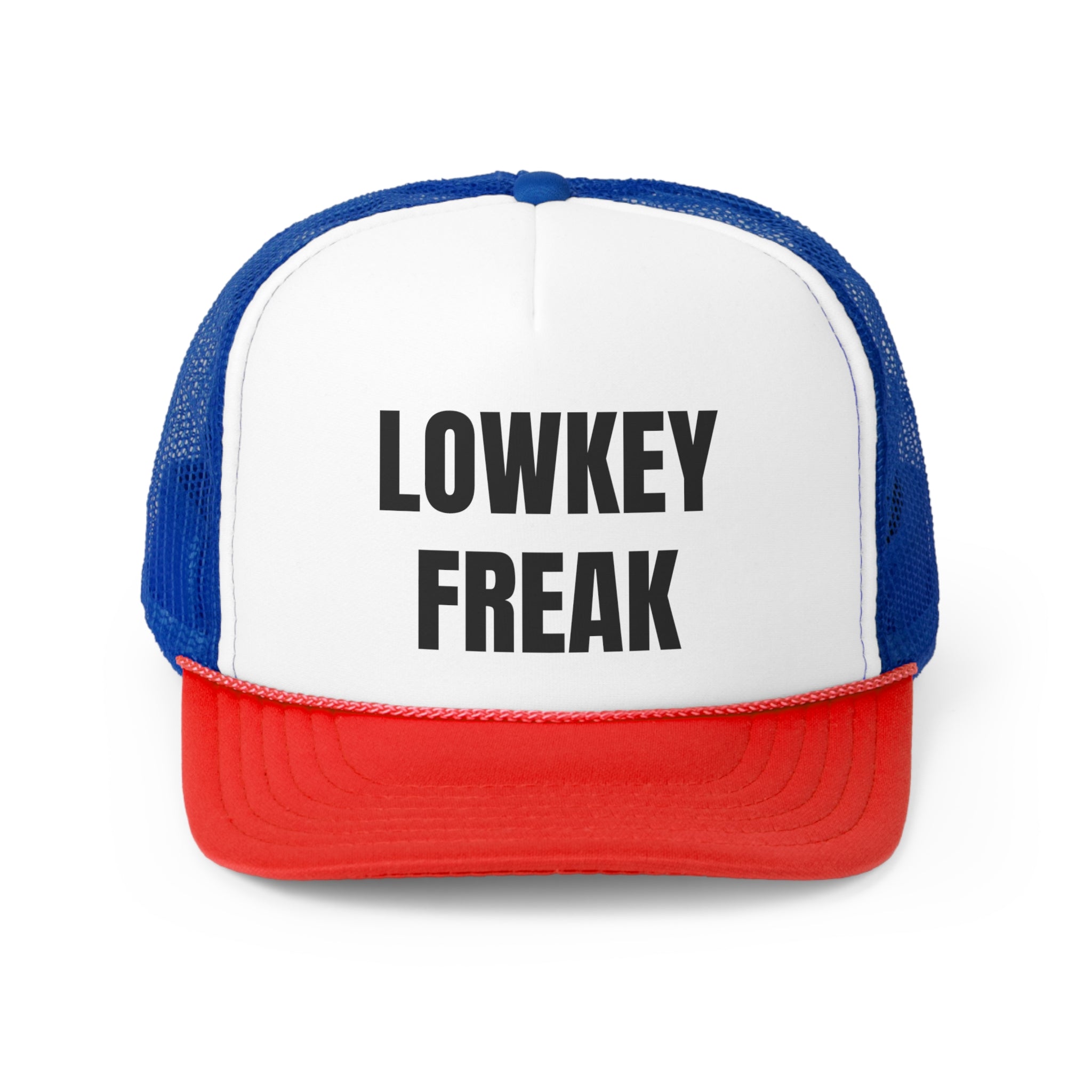 Lowkey Freak Funny Trucker Hat featuring a humorous design with a comfortable fit and adjustable snap closure.