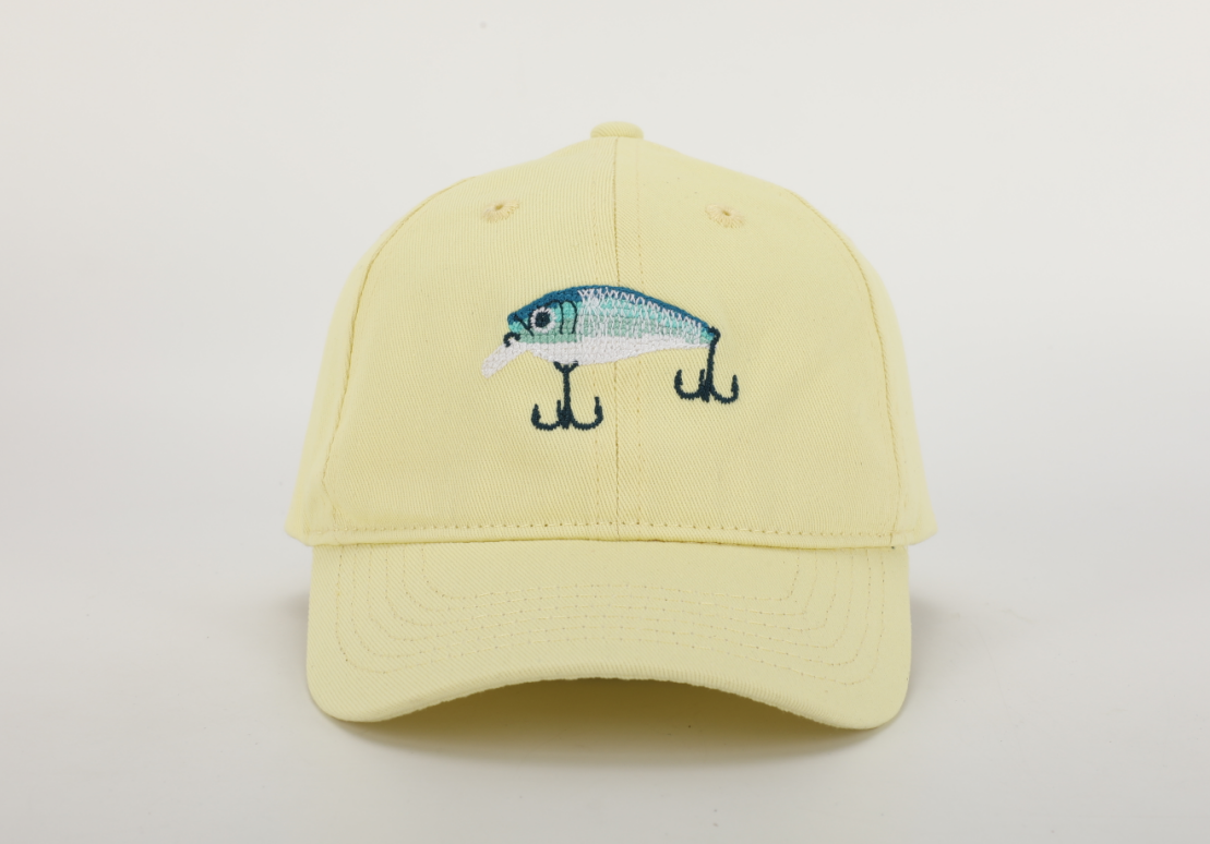 Lure Hat for children featuring cognac leather strap and needlepoint embroidery designs.