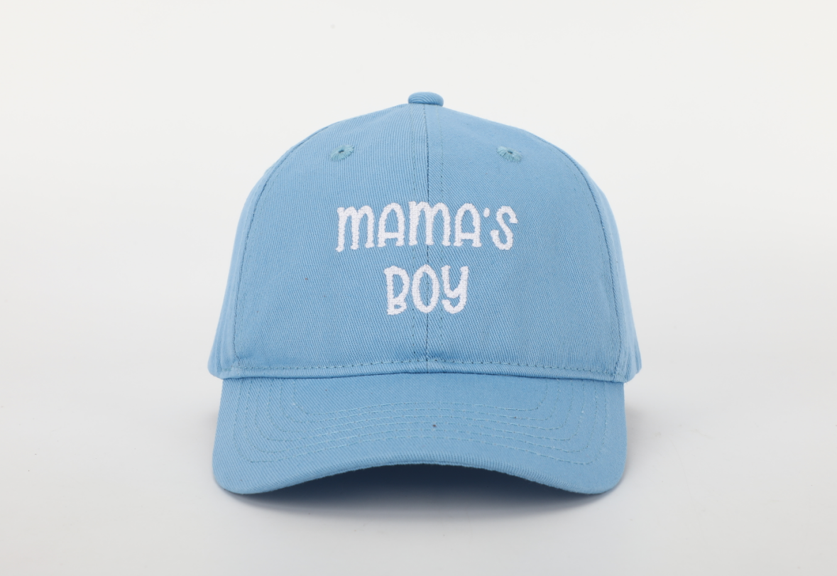 Mama's Boy Hat featuring cognac leather adjustable strap and needlepoint embroidery designs for children aged 1-10.