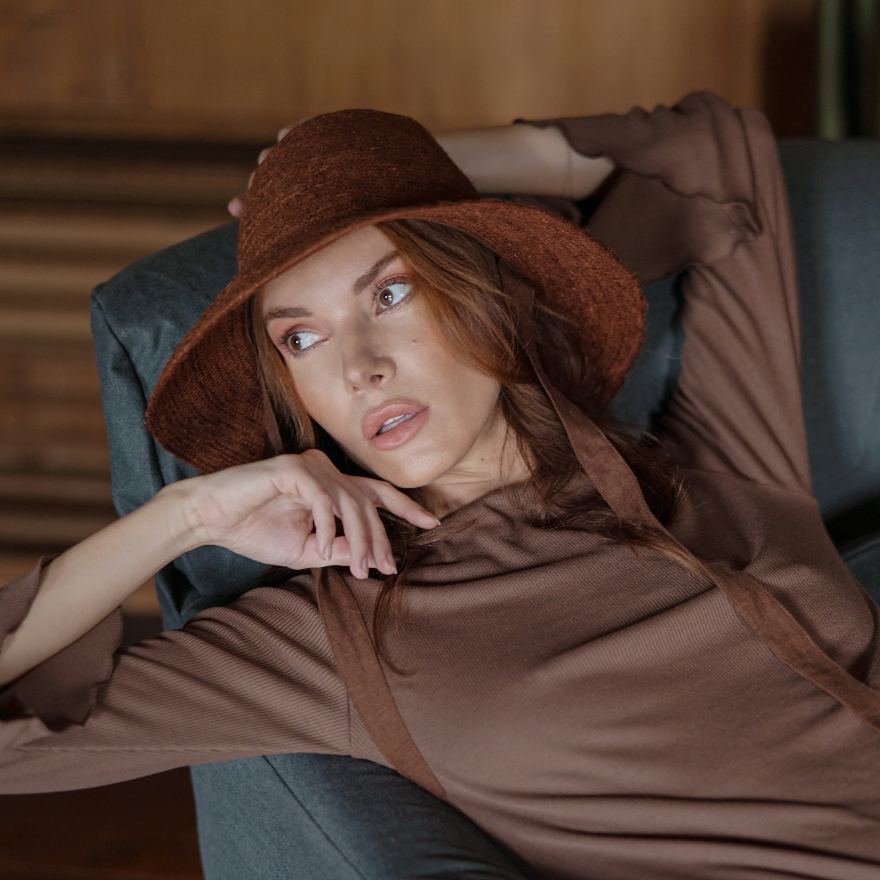 MEG Jute Straw Hat in Burnt Sienna with tall crown and medium-width brim, perfect for outdoor activities.