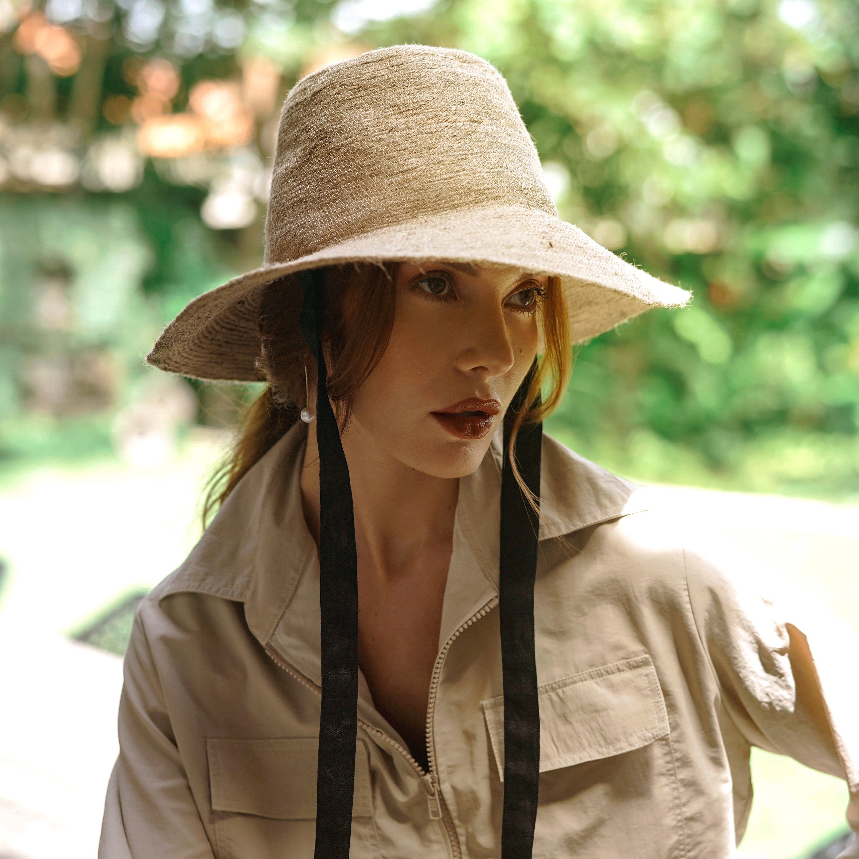 MEG Jute Straw Hat in Nude Beige with a tall crown and medium-width brim, perfect for summer outings.