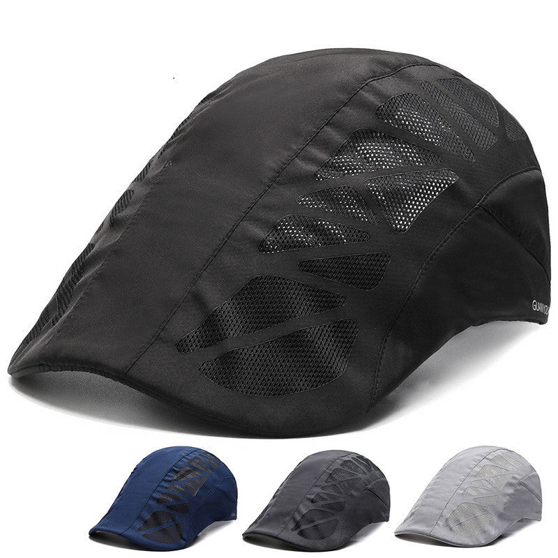 Men Mesh Beret Hat in black, featuring breathable mesh fabric and a stylish vintage design, perfect for summer wear.