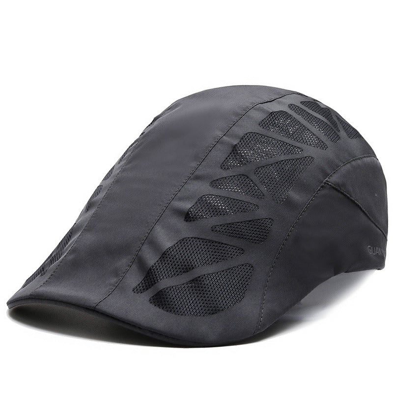 Men Mesh Beret Hat in black, featuring breathable mesh fabric and a stylish vintage design, perfect for summer wear.