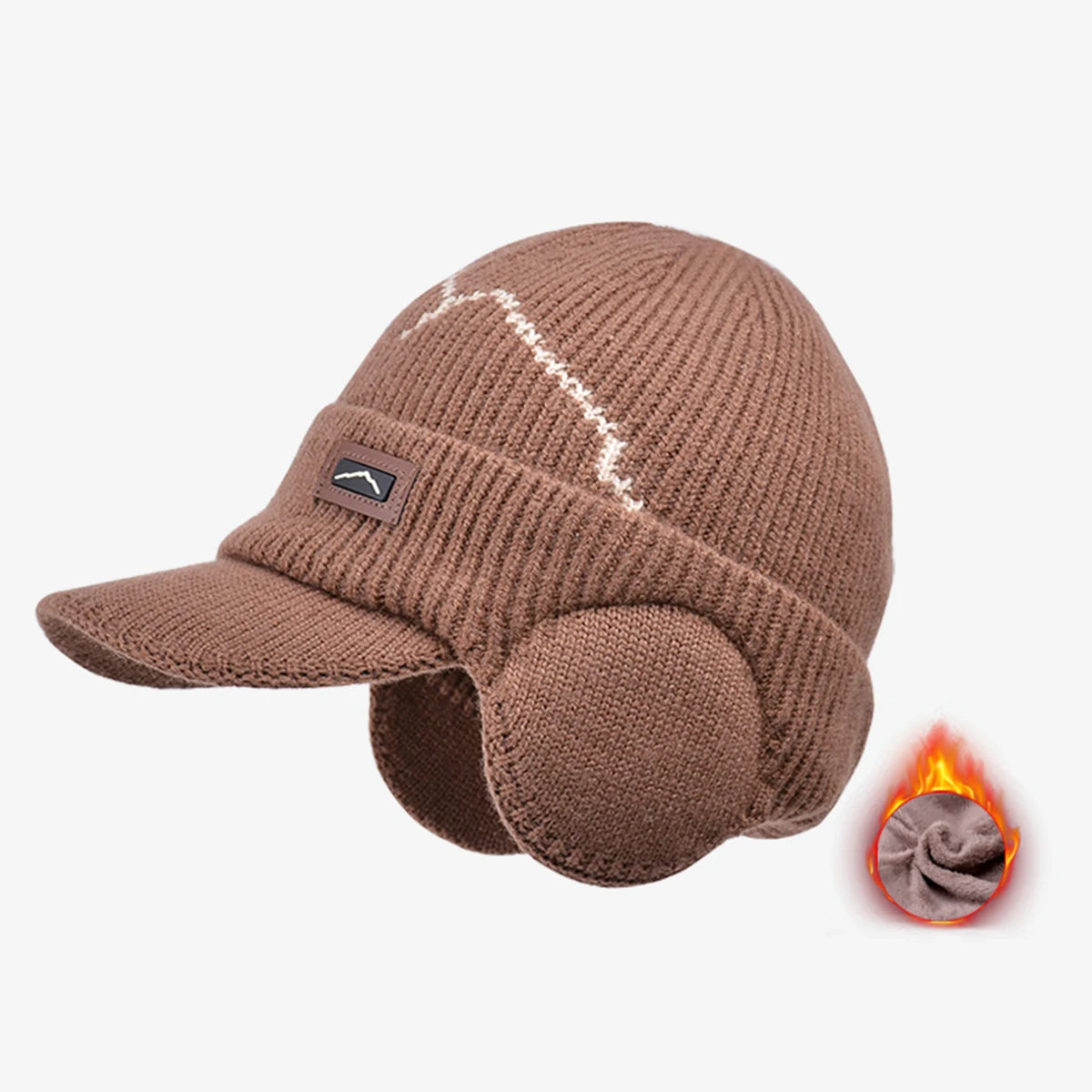 Men's Winter Visor Beanie with Earflap, featuring a knitted cable design and fleece lining, perfect for cold weather outdoor activities.