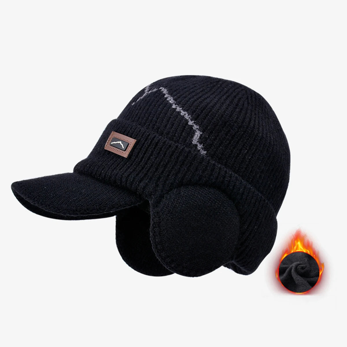 Men's Winter Visor Beanie with Earflap, featuring a knitted cable design and fleece lining, perfect for cold weather outdoor activities.