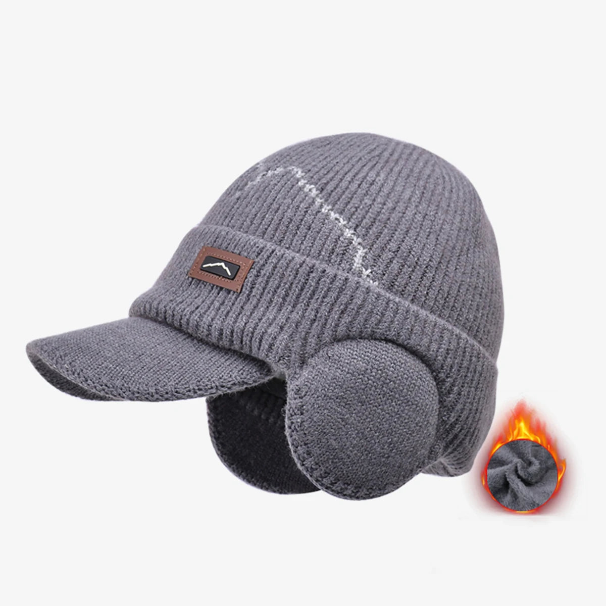 Men's Winter Visor Beanie with Earflap, featuring a knitted cable design and fleece lining, perfect for cold weather outdoor activities.