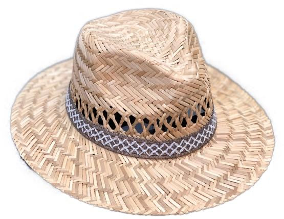 A stylish 'Meet me in the sand' Panama Hat made of rush straw with a braided thread trim and a 3.25-inch brim, perfect for sunny days.