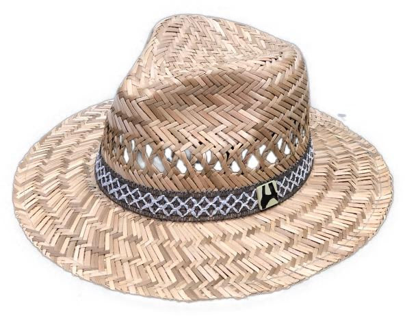 A stylish 'Meet me in the sand' Panama Hat made of rush straw with a braided thread trim and a 3.25-inch brim, perfect for sunny days.