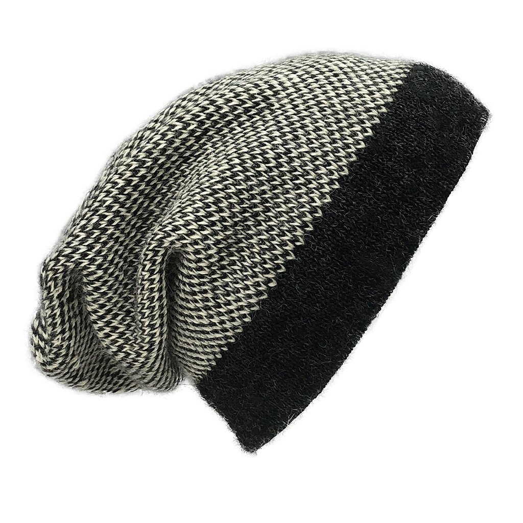 Midnight Interwoven Alpaca Beanie featuring a textured black and white design, showcasing its luxurious alpaca fiber and slouchy style.