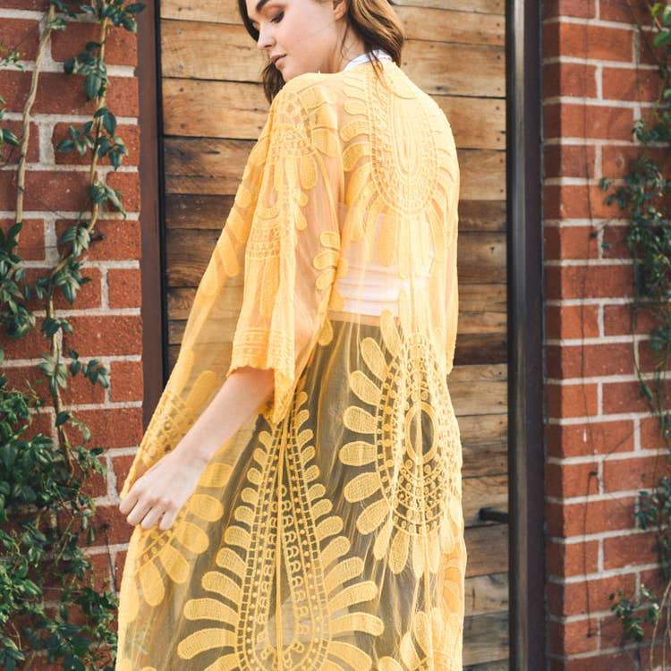 Mustard Bohemian Lace Embroidered Kimono featuring intricate lace details and stylish sleeves, perfect for layering.