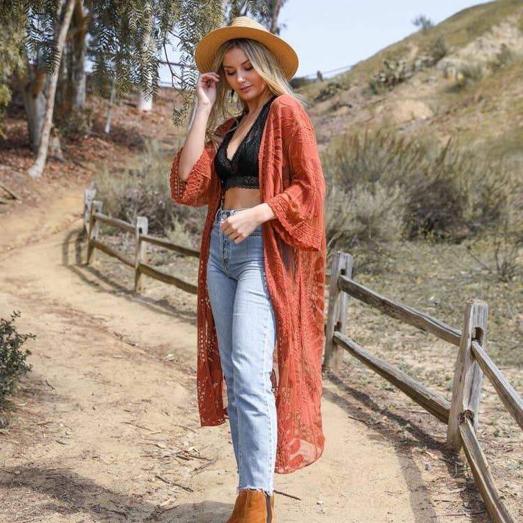 Mustard Bohemian Lace Embroidered Kimono featuring intricate lace details and stylish sleeves, perfect for layering.