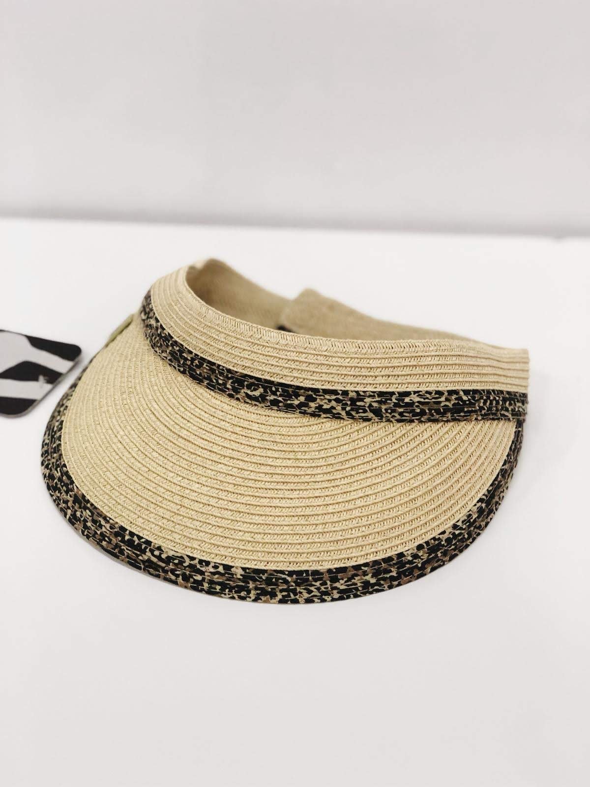 Natural Animal Print Straw Visor Hat with a stylish design and adjustable Velcro closure, perfect for sun protection.