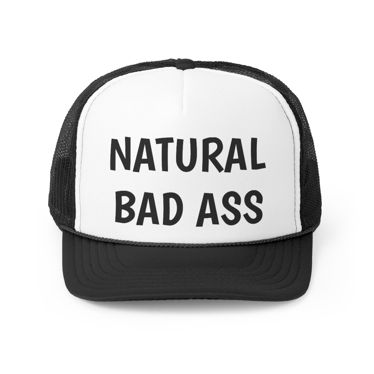 Natural Bad Ass Funny Trucker Hat with a polyester front and nylon mesh back, featuring an adjustable snap closure.