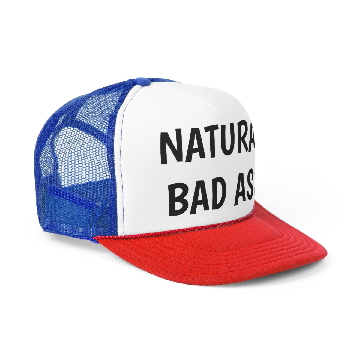 Natural Bad Ass Funny Trucker Hat with a polyester front and nylon mesh back, featuring an adjustable snap closure.