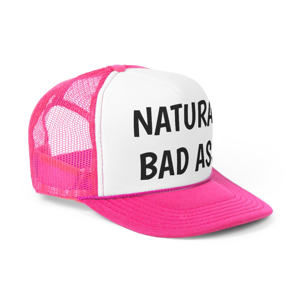 Natural Bad Ass Funny Trucker Hat with a polyester front and nylon mesh back, featuring an adjustable snap closure.